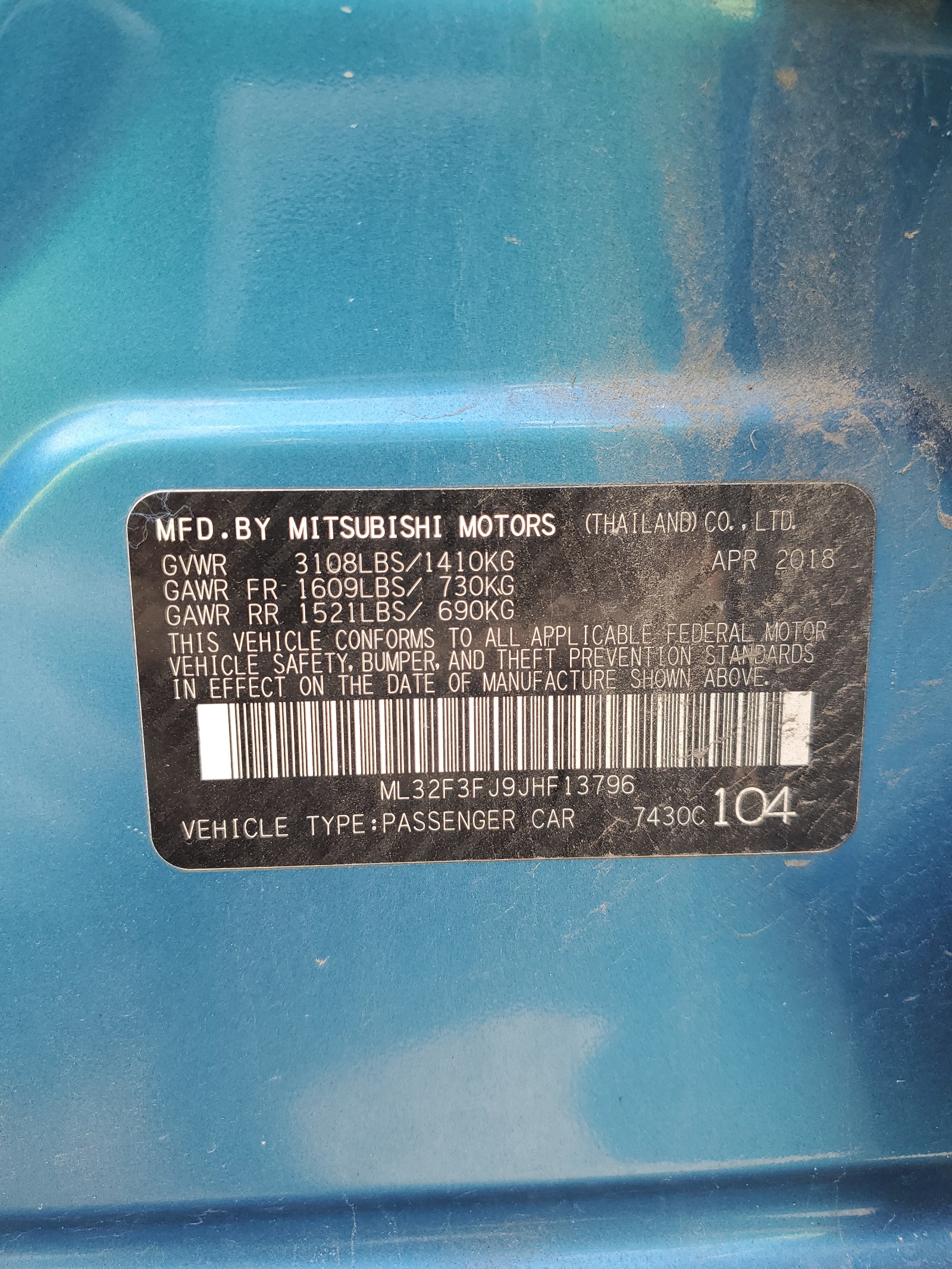 ML32F3FJ9JHF13796 2018 Mitsubishi Mirage G4 Es