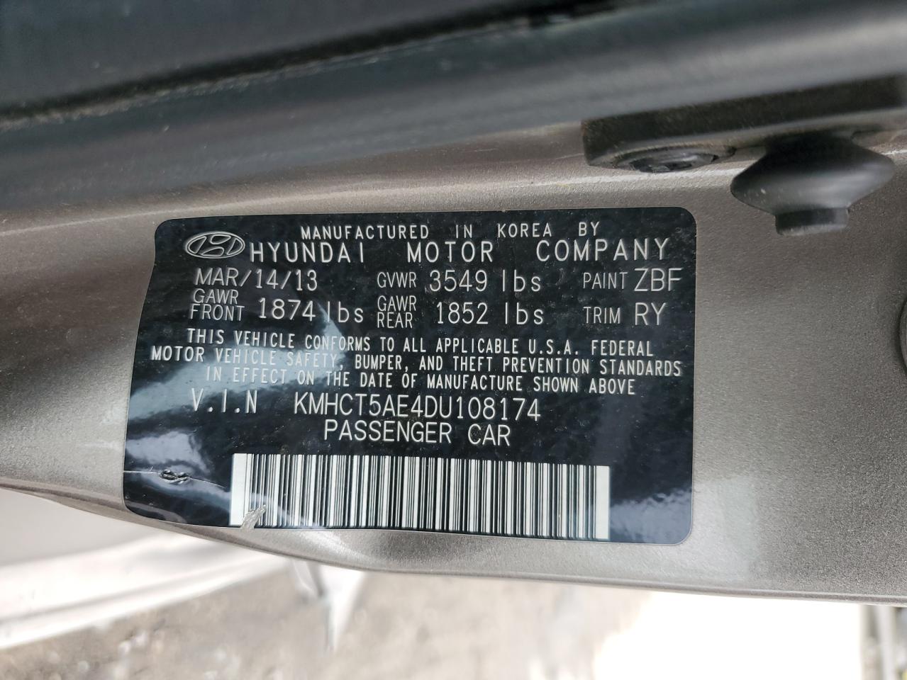 2013 Hyundai Accent Gls VIN: KMHCT5AE4DU108174 Lot: 61439784