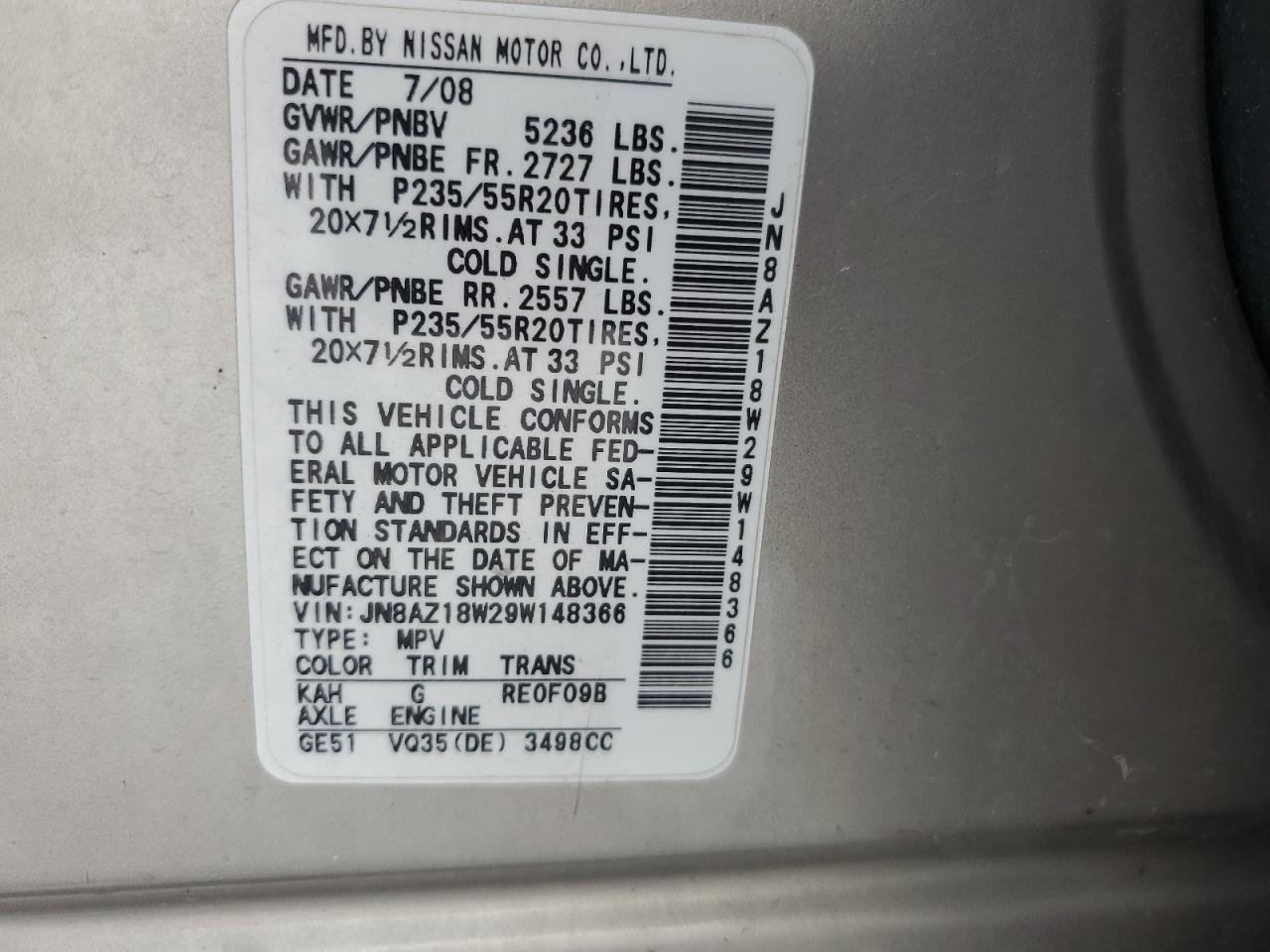 JN8AZ18W29W148366 2009 Nissan Murano S