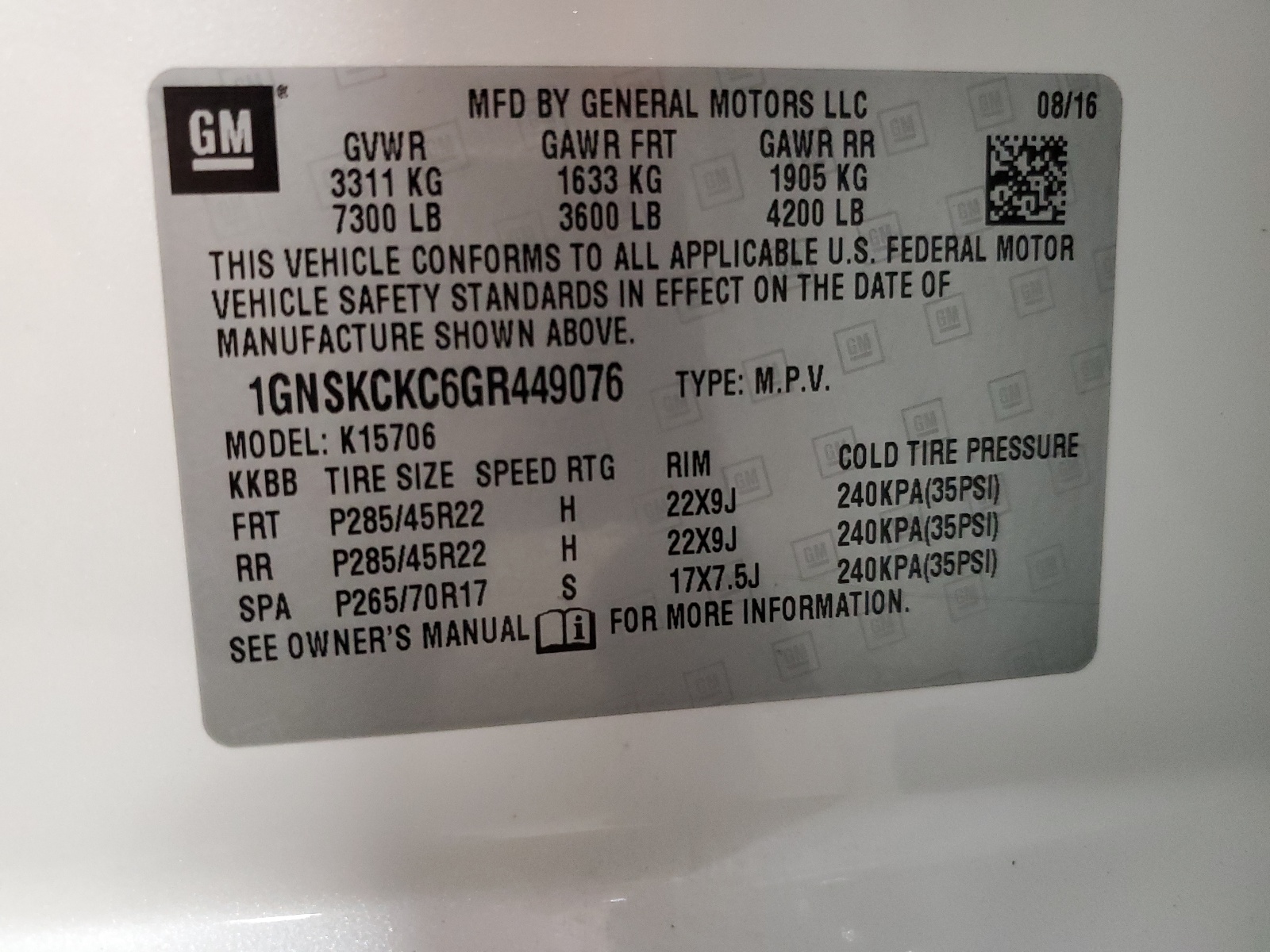 1GNSKCKC6GR449076 2016 Chevrolet Tahoe K1500 Ltz