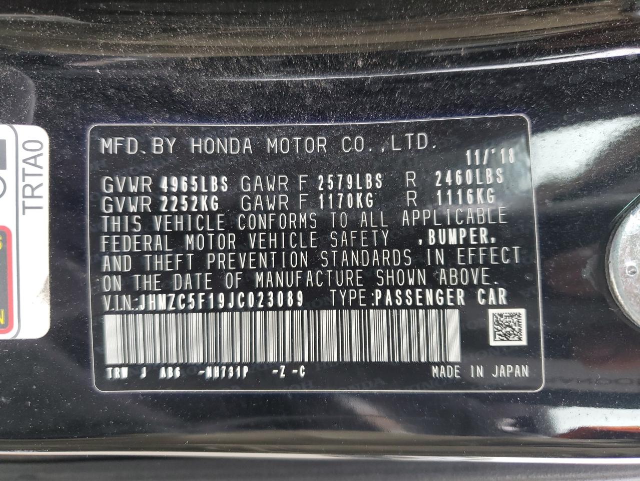 2018 Honda Clarity VIN: JHMZC5F19JC023089 Lot: 63196774