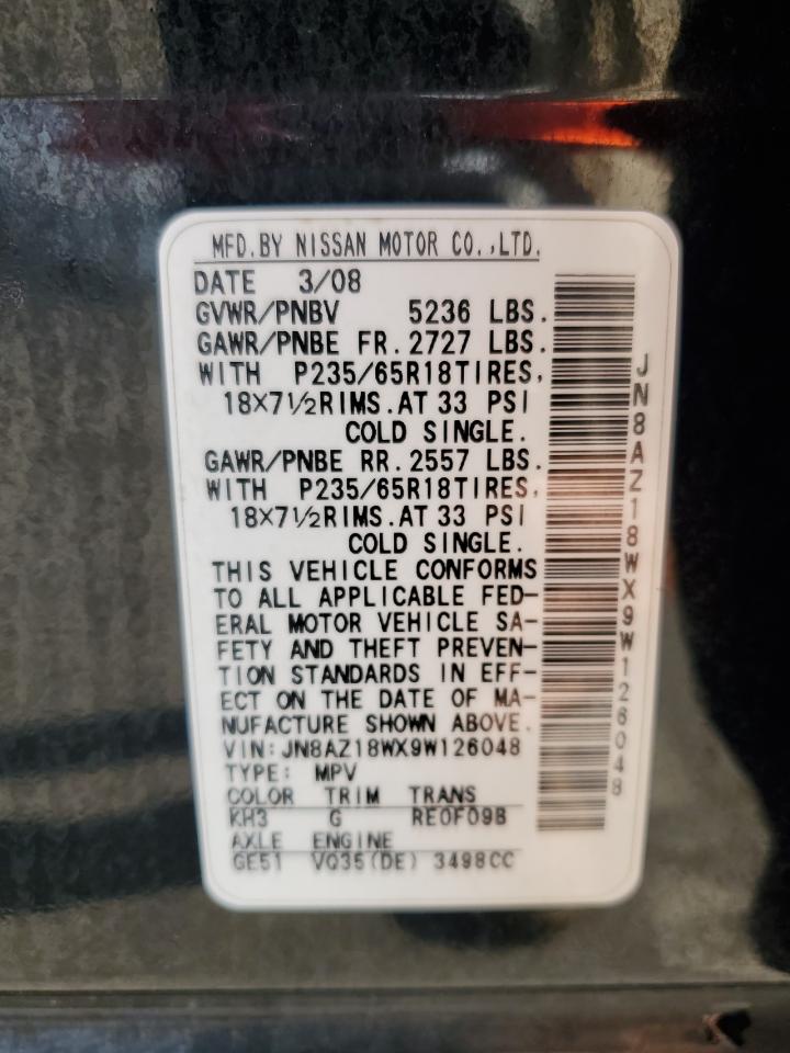 2009 Nissan Murano S VIN: JN8AZ18WX9W126048 Lot: 62030394