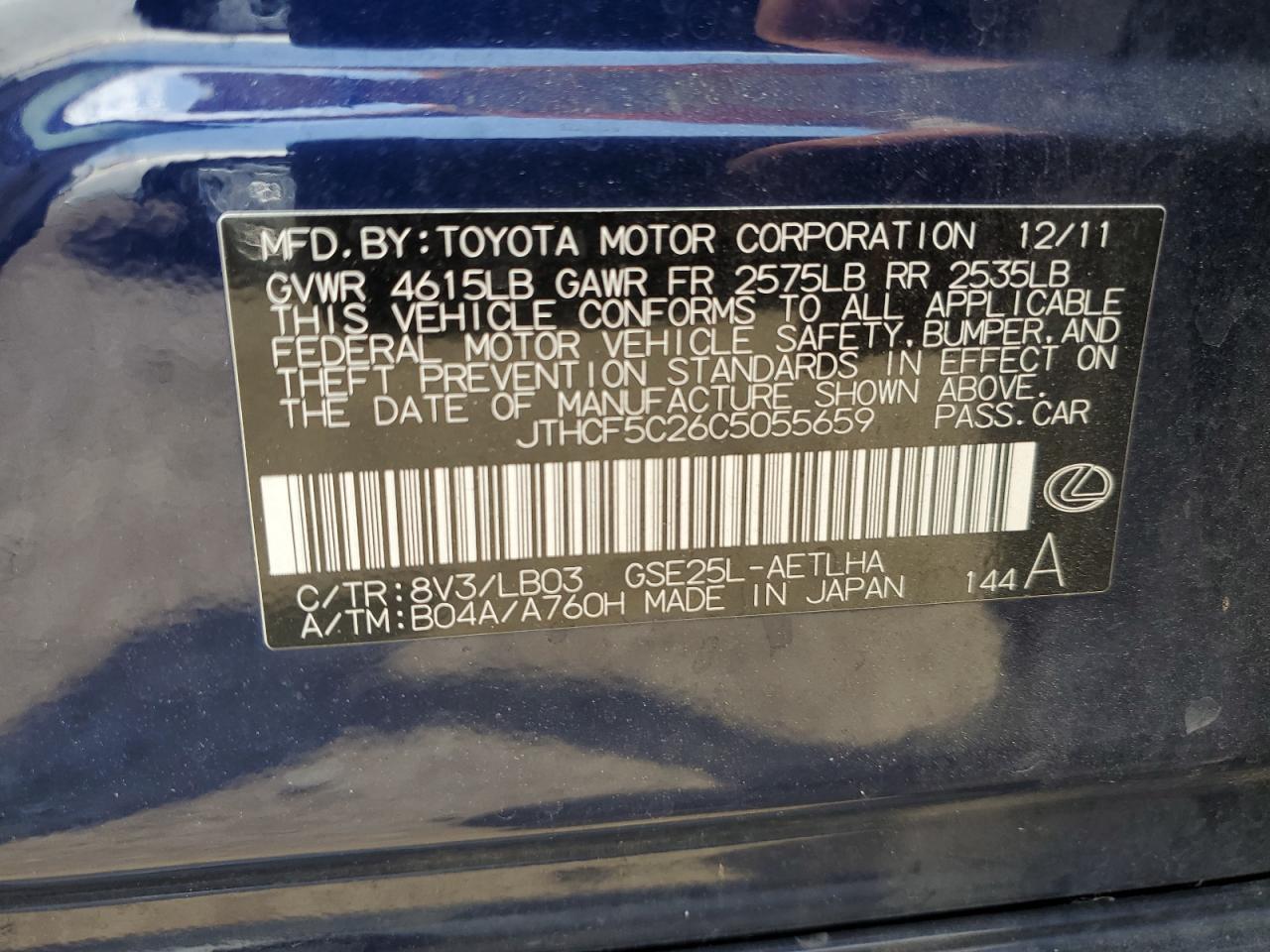 2012 Lexus Is 250 VIN: JTHCF5C26C5055659 Lot: 62905614