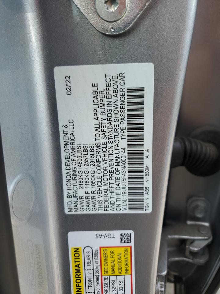 19UUB5F43NA000144 2022 Acura Tlx Technology