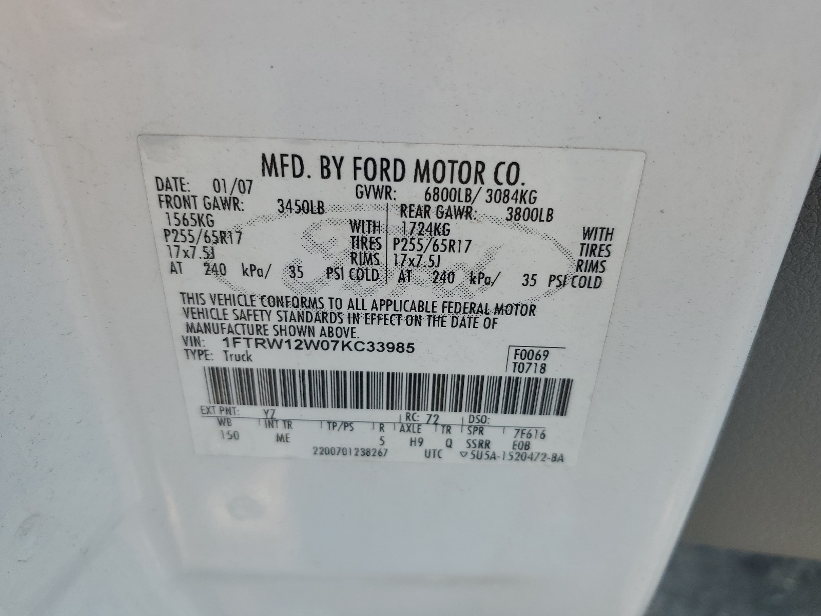 1FTRW12W07KC33985 2007 Ford F150 Supercrew