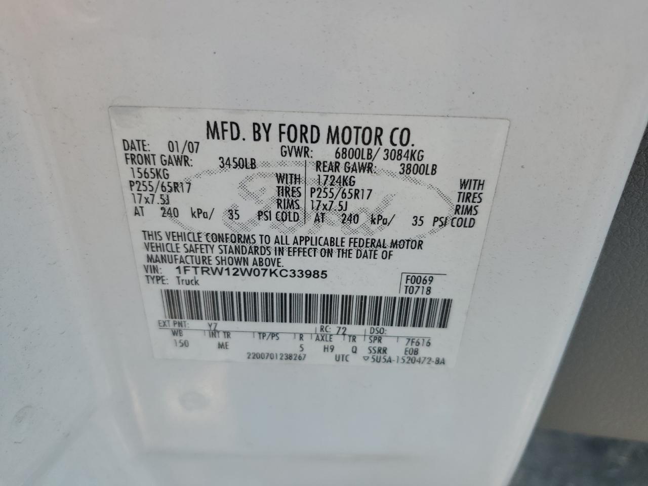 2007 Ford F150 Supercrew VIN: 1FTRW12W07KC33985 Lot: 63458624