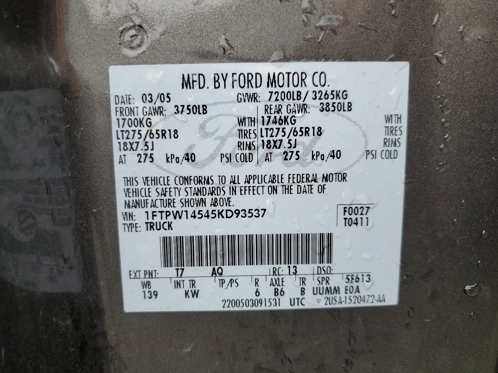 1FTPW14545KD93537 2005 Ford F150 Supercrew