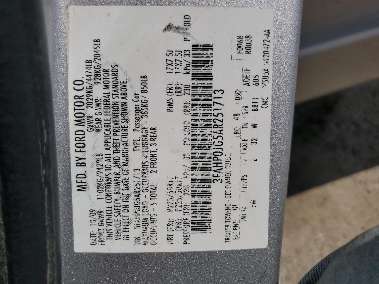 2010 Ford Fusion Sel VIN: 3FAHP0JG5AR251713 Lot: 64439154