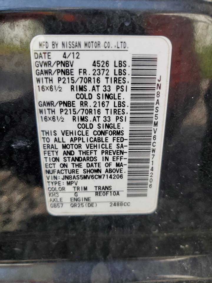 2012 Nissan Rogue S VIN: JN8AS5MV6CW714206 Lot: 64813354