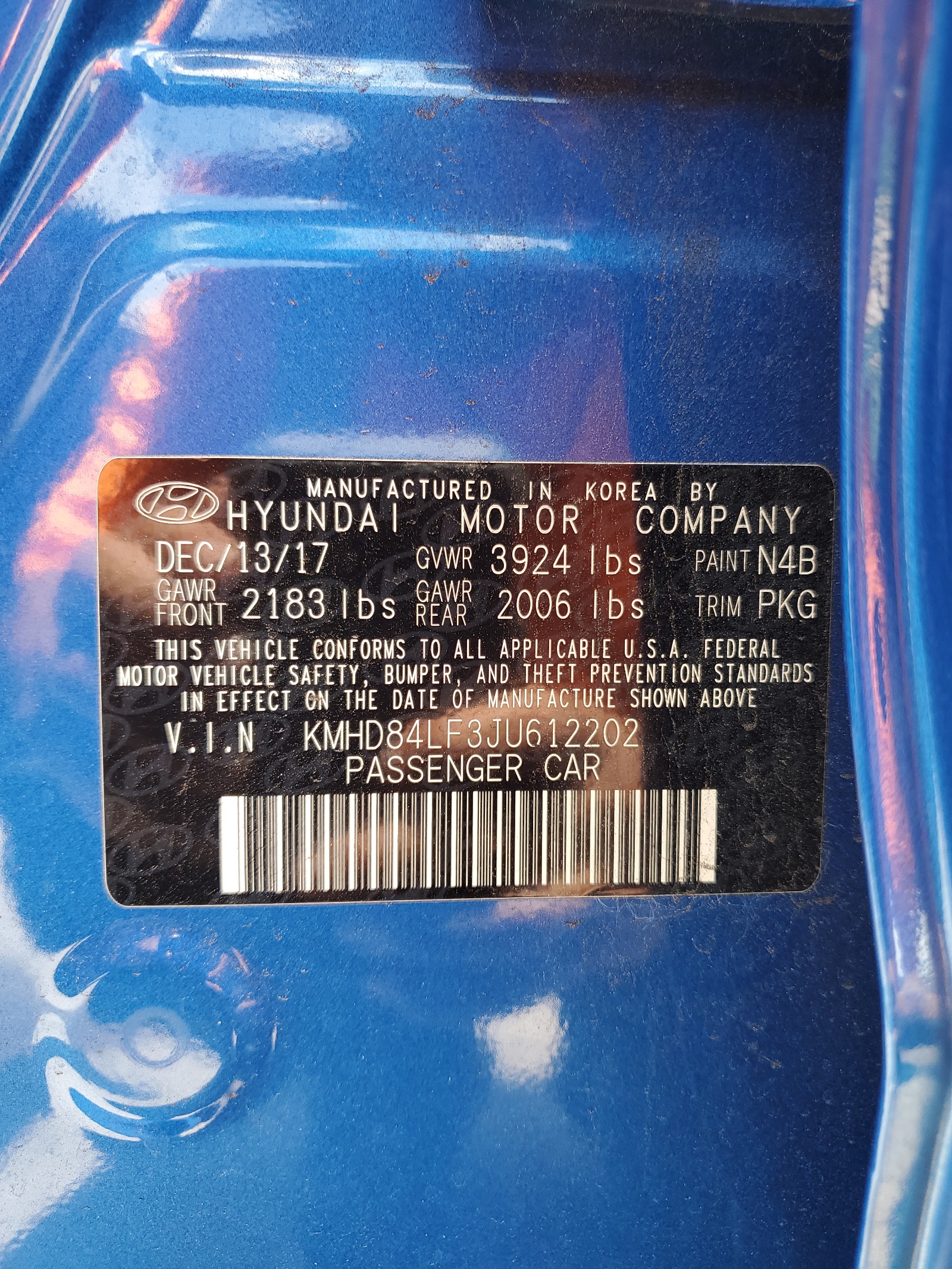 2018 Hyundai Elantra Sel vin: KMHD84LF3JU612202