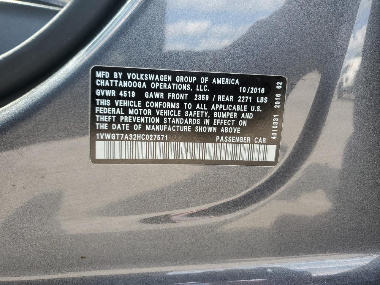 2017 Volkswagen Passat Se VIN: 1VWGT7A32HC027571 Lot: 65028854