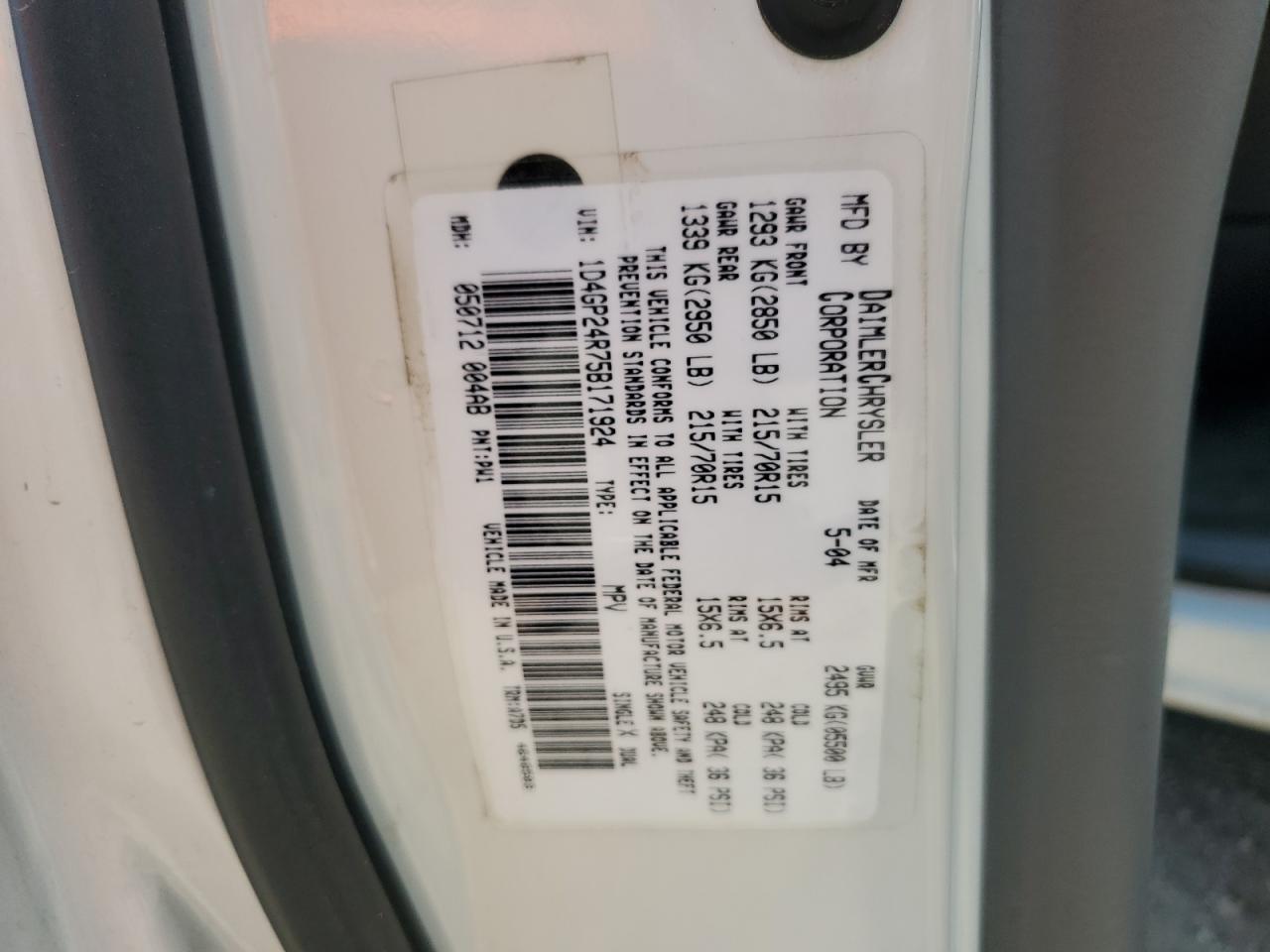 2005 Dodge Grand Caravan Se VIN: 1D4GP24R75B171924 Lot: 64879544