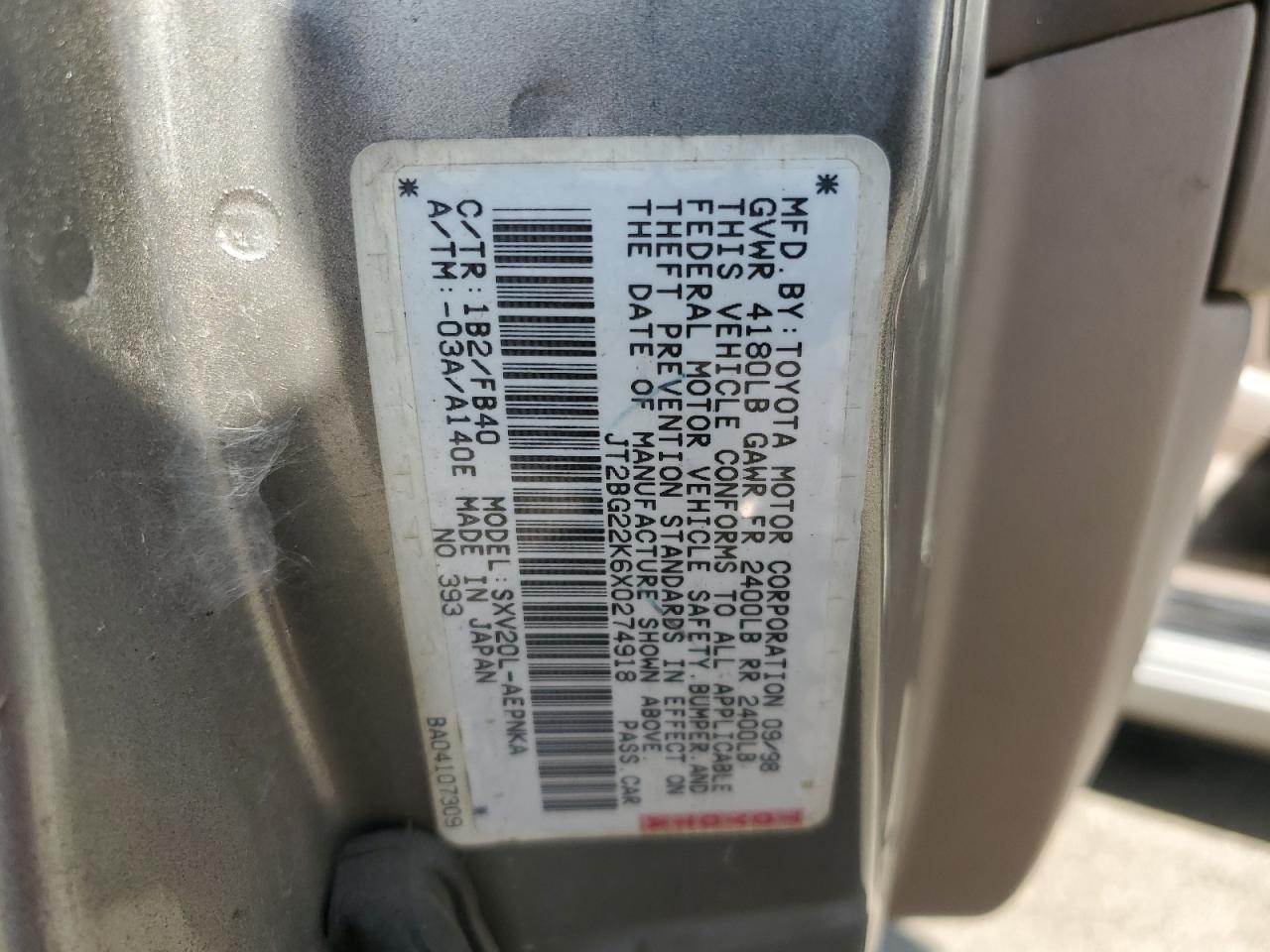 1999 Toyota Camry Le VIN: JT2BG22K6X0274918 Lot: 63933434