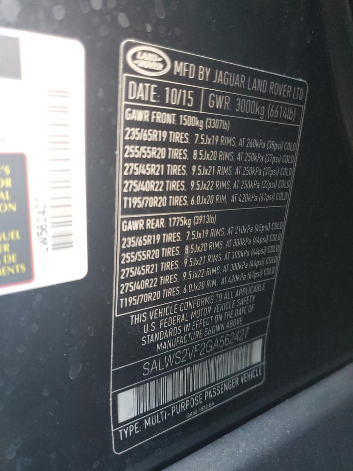 2016 Land Rover Range Rover Sport Hst VIN: SALWS2VF2GA562427 Lot: 63346214