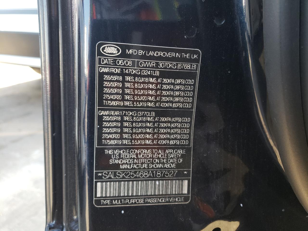 2008 Land Rover Range Rover Sport Hse VIN: SALSK25468A187527 Lot: 64232524