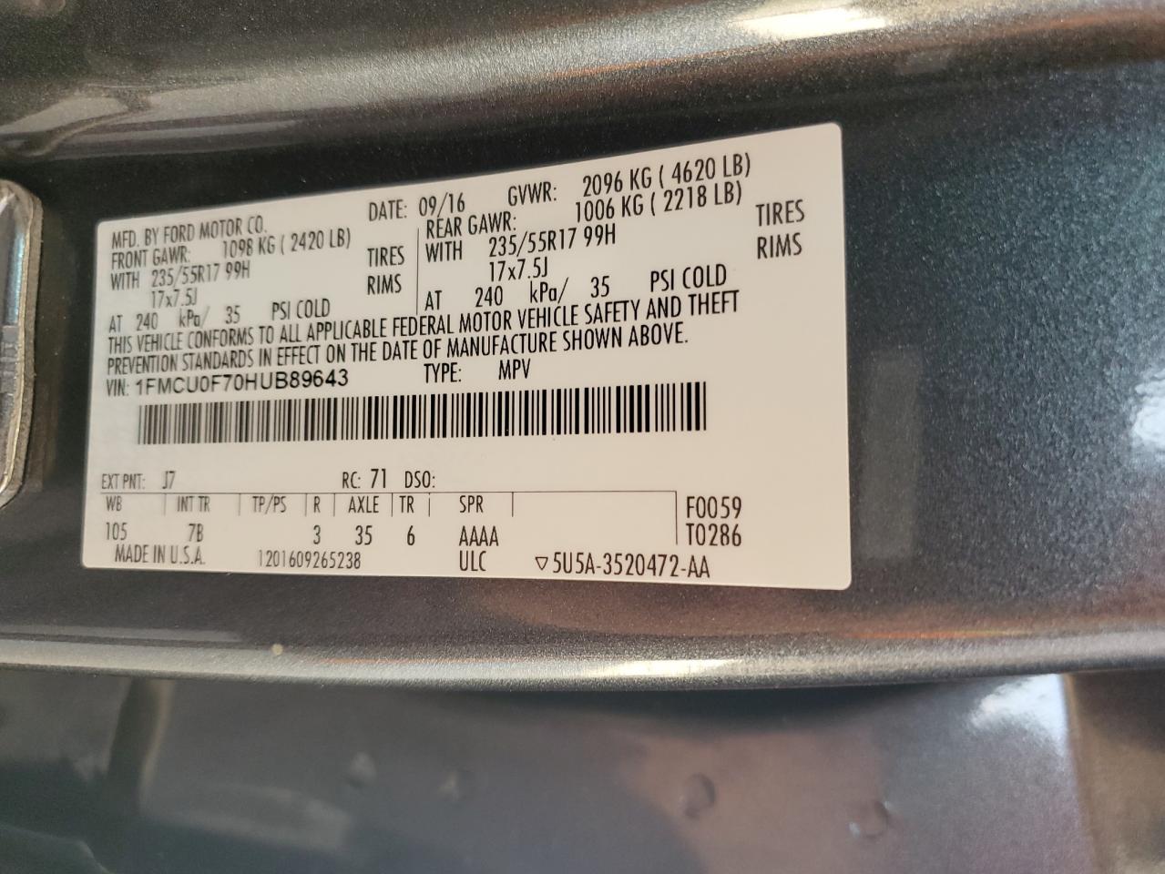 2017 Ford Escape S VIN: 1FMCU0F70HUB89643 Lot: 62959644