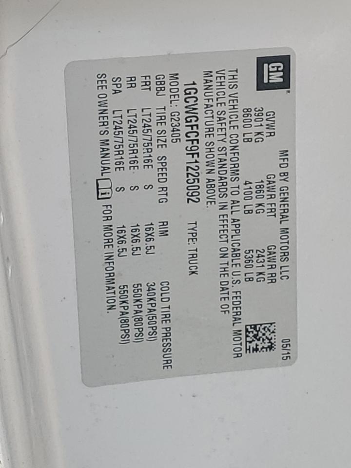 2015 Chevrolet Express G2500 VIN: 1GCWGFCF9F1225092 Lot: 63346054