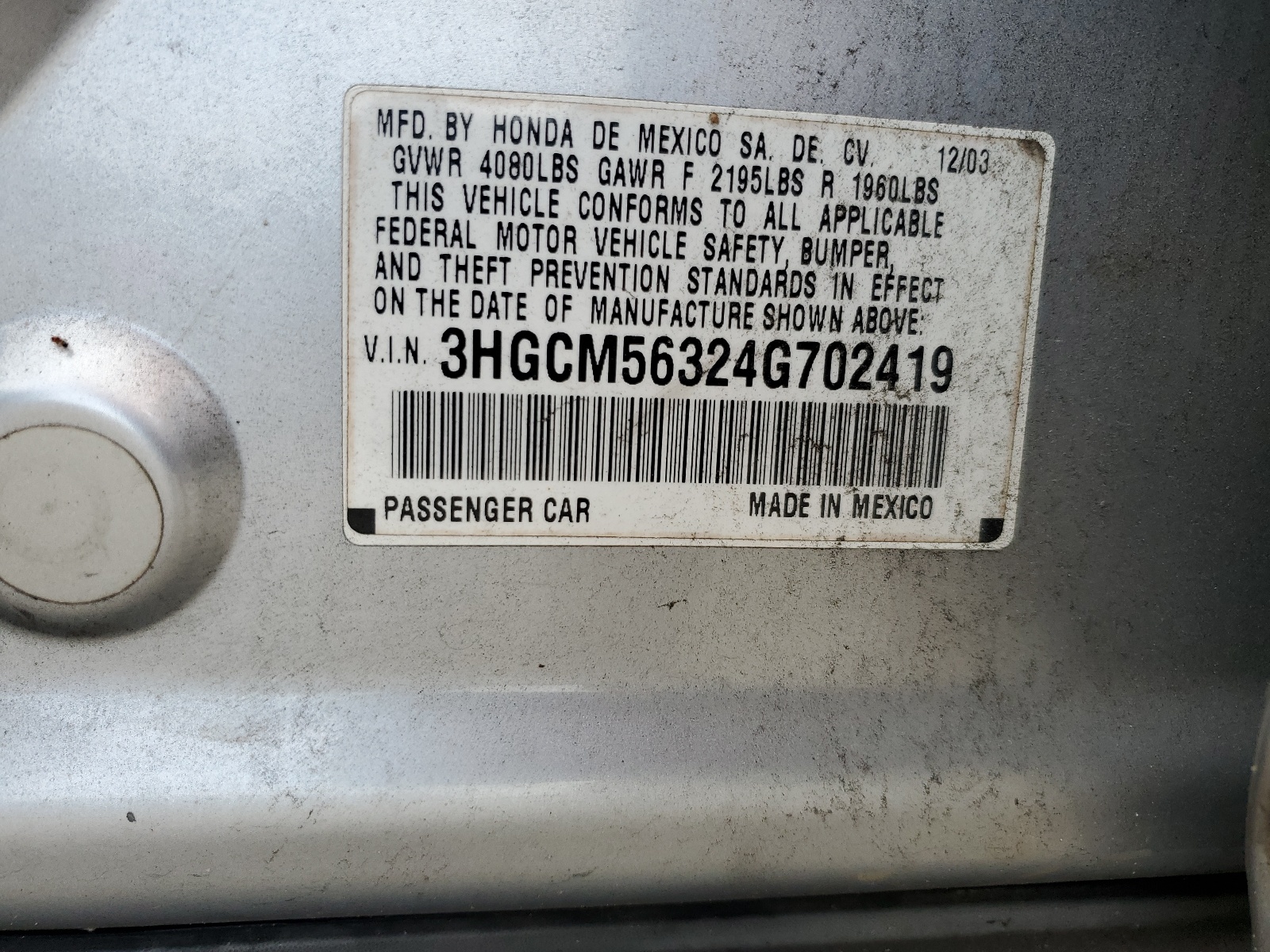3HGCM56324G702419 2004 Honda Accord Lx