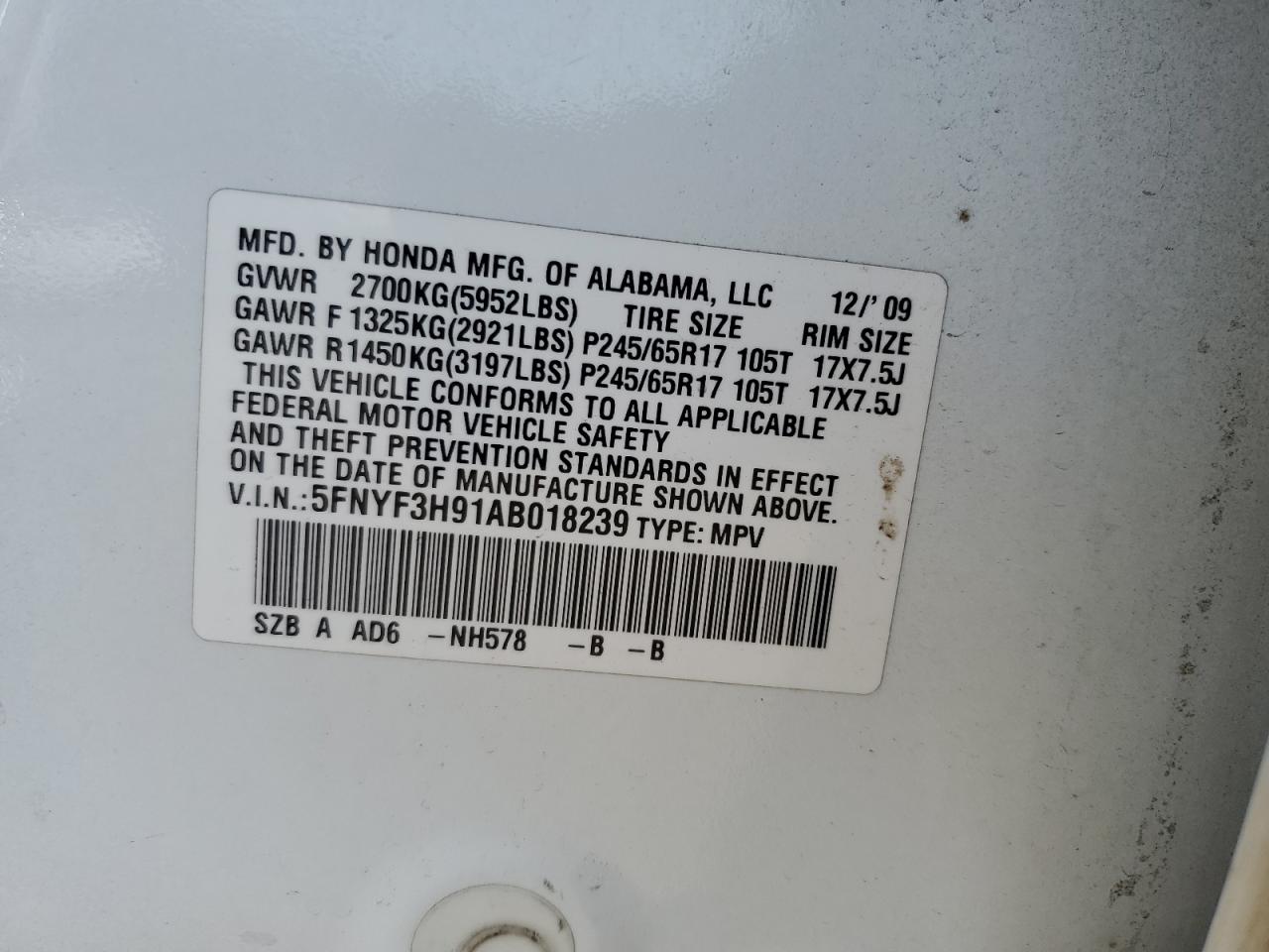 2010 Honda Pilot Touring VIN: 5FNYF3H91AB018239 Lot: 62955024