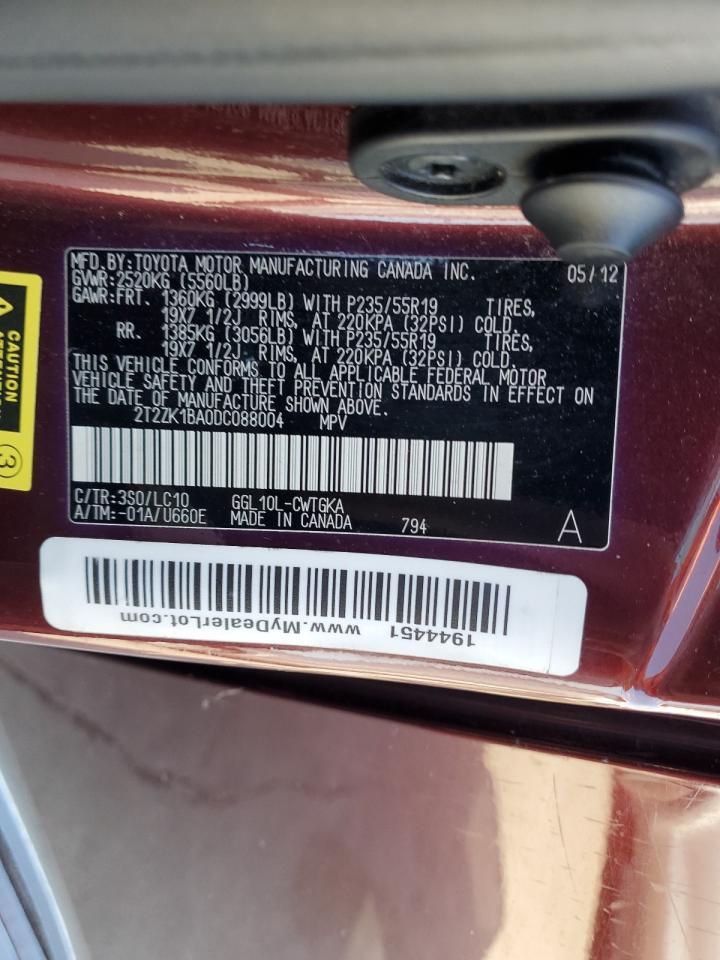 2013 Lexus Rx 350 VIN: 2T2ZK1BA0DC088004 Lot: 65317564