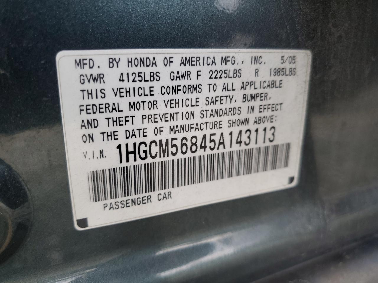 2005 Honda Accord Ex VIN: 1HGCM56845A143113 Lot: 62233784