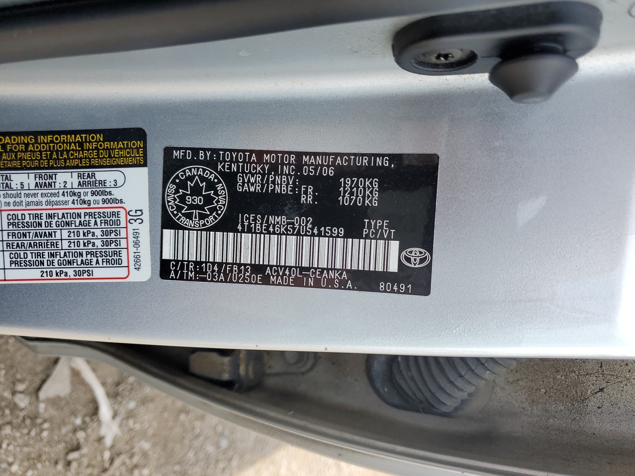 4T1BE46K57U541599 2007 Toyota Camry Ce