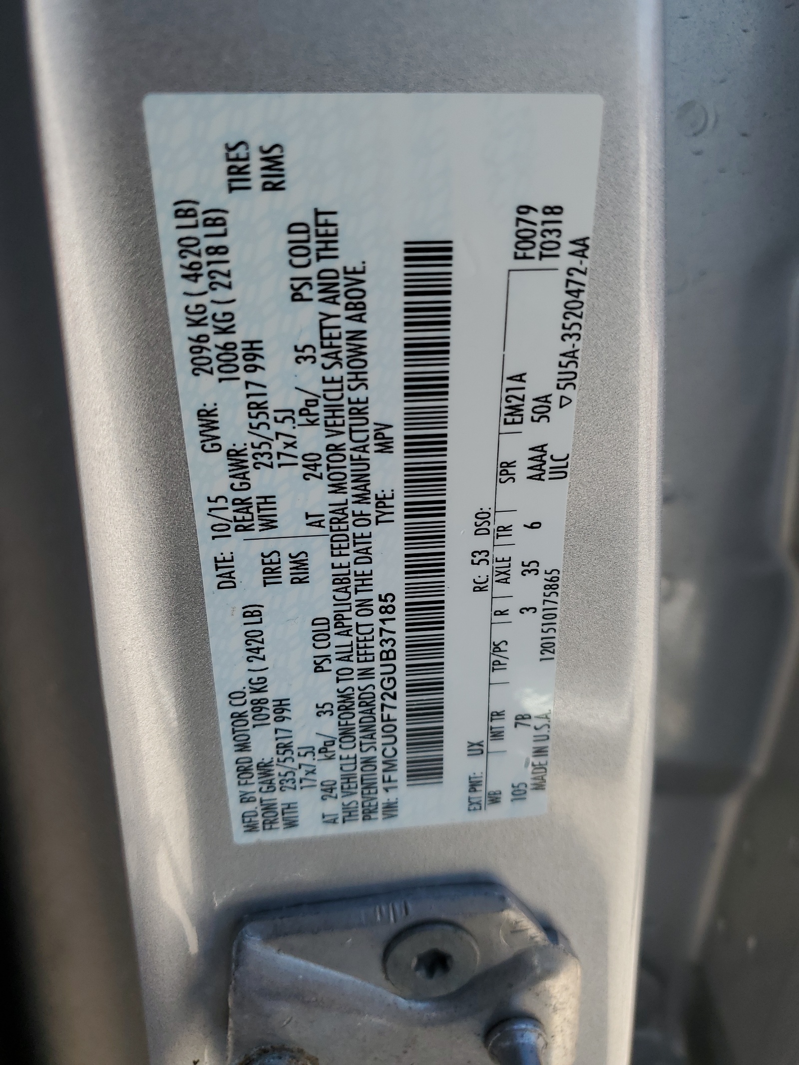 1FMCU0F72GUB37185 2016 Ford Escape S