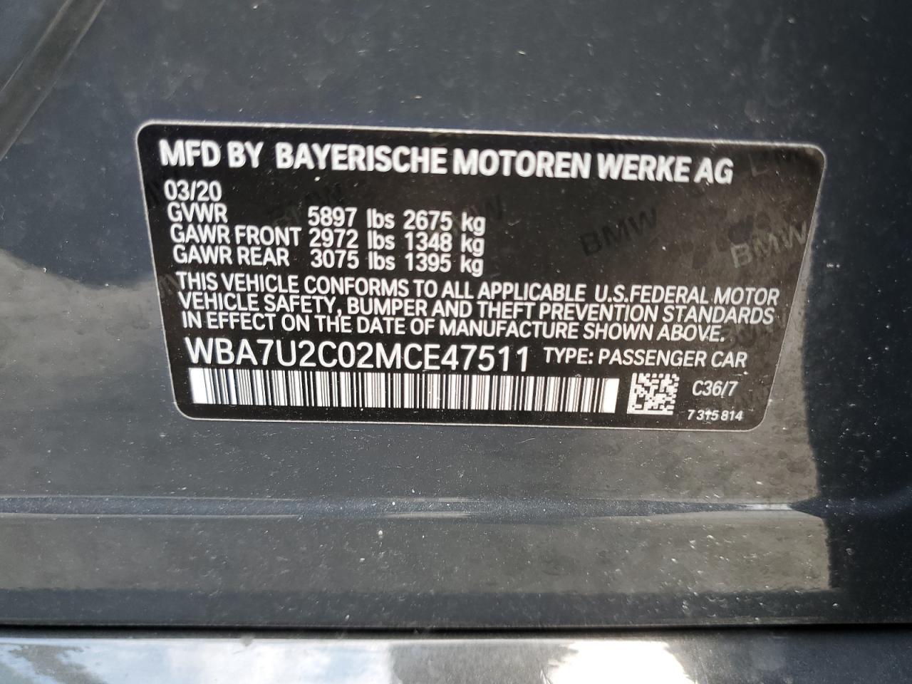 WBA7U2C02MCE47511 2021 BMW 750 Xi