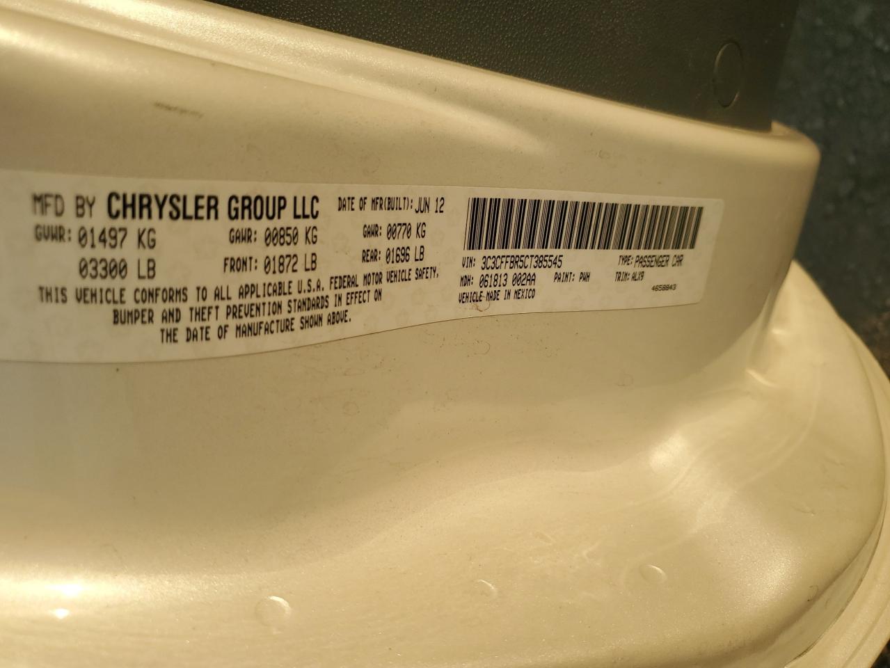 2012 Fiat 500 Sport VIN: 3C3CFFBR5CT385545 Lot: 62080844