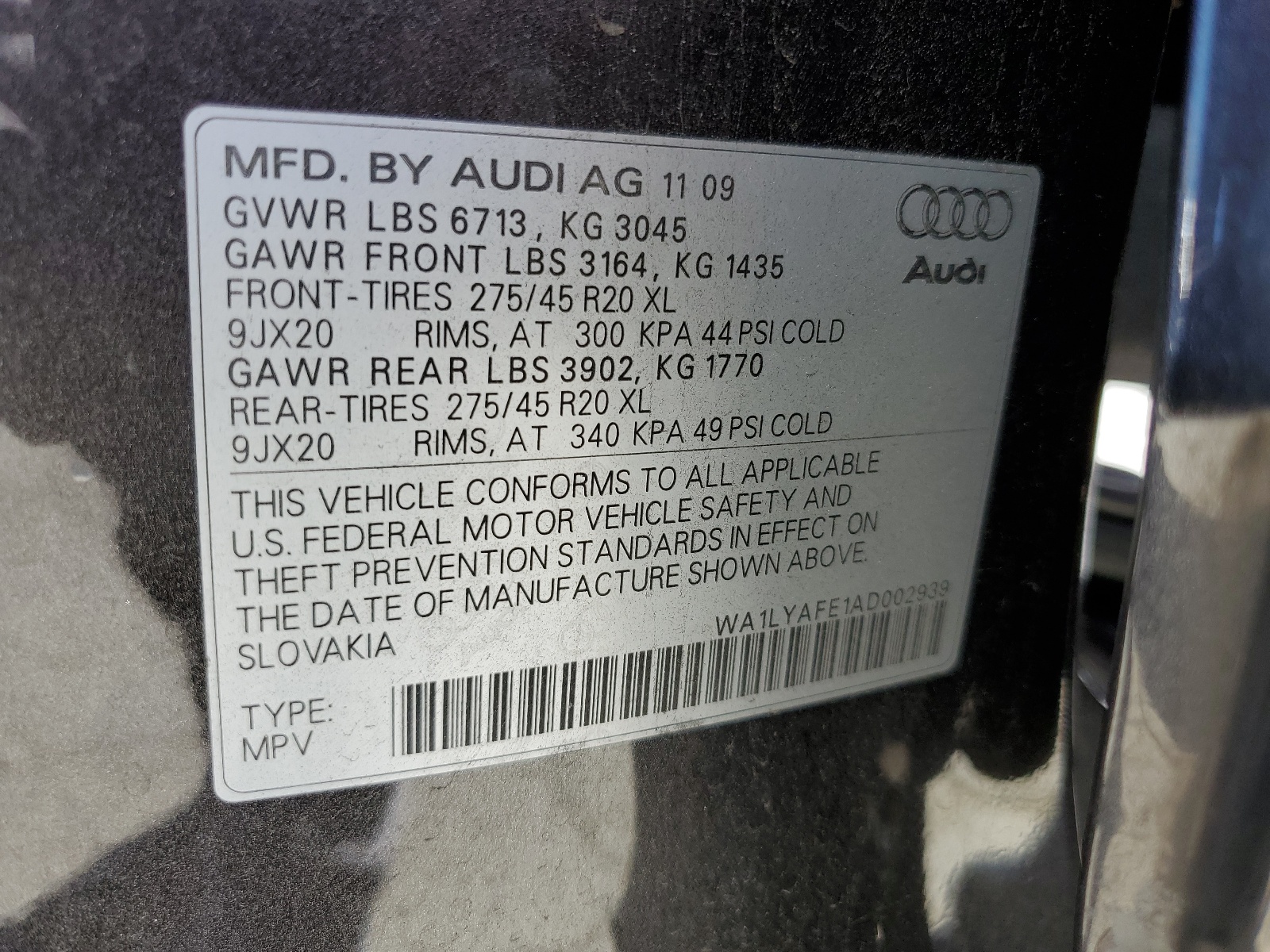 WA1LYAFE1AD002939 2010 Audi Q7 Premium Plus