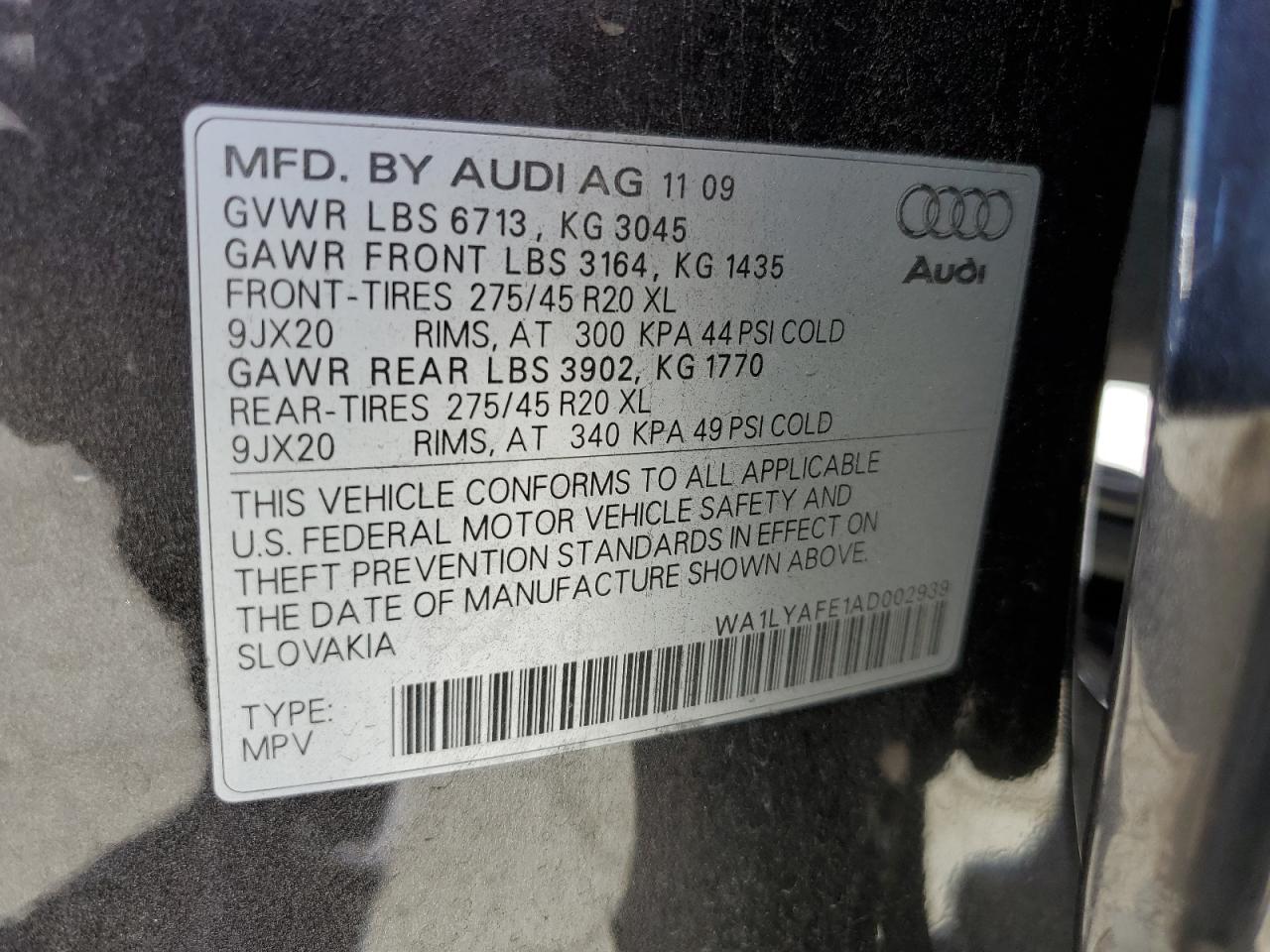 2010 Audi Q7 Premium Plus VIN: WA1LYAFE1AD002939 Lot: 61608904