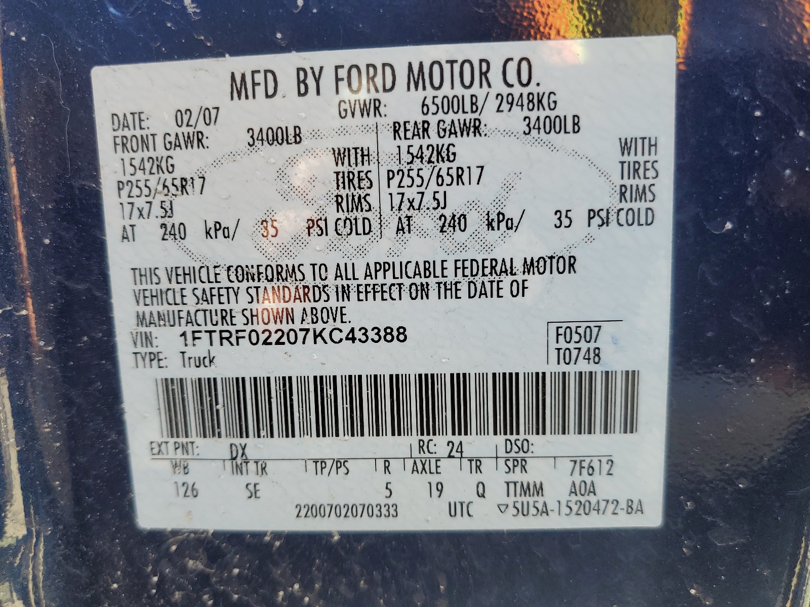 1FTRF02207KC43388 2007 Ford F150