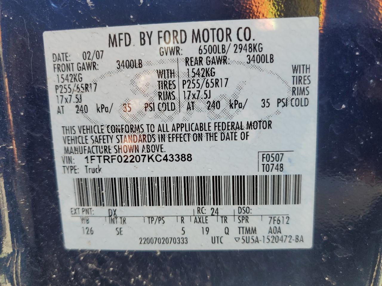 2007 Ford F150 VIN: 1FTRF02207KC43388 Lot: 61520564