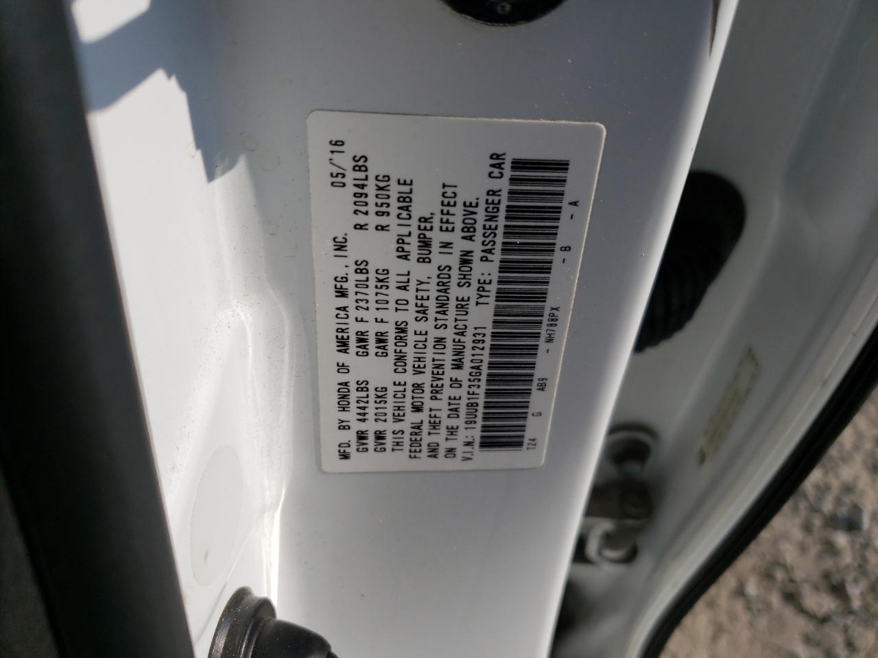 2016 Acura Tlx VIN: 19UUB1F35GA012931 Lot: 62344524