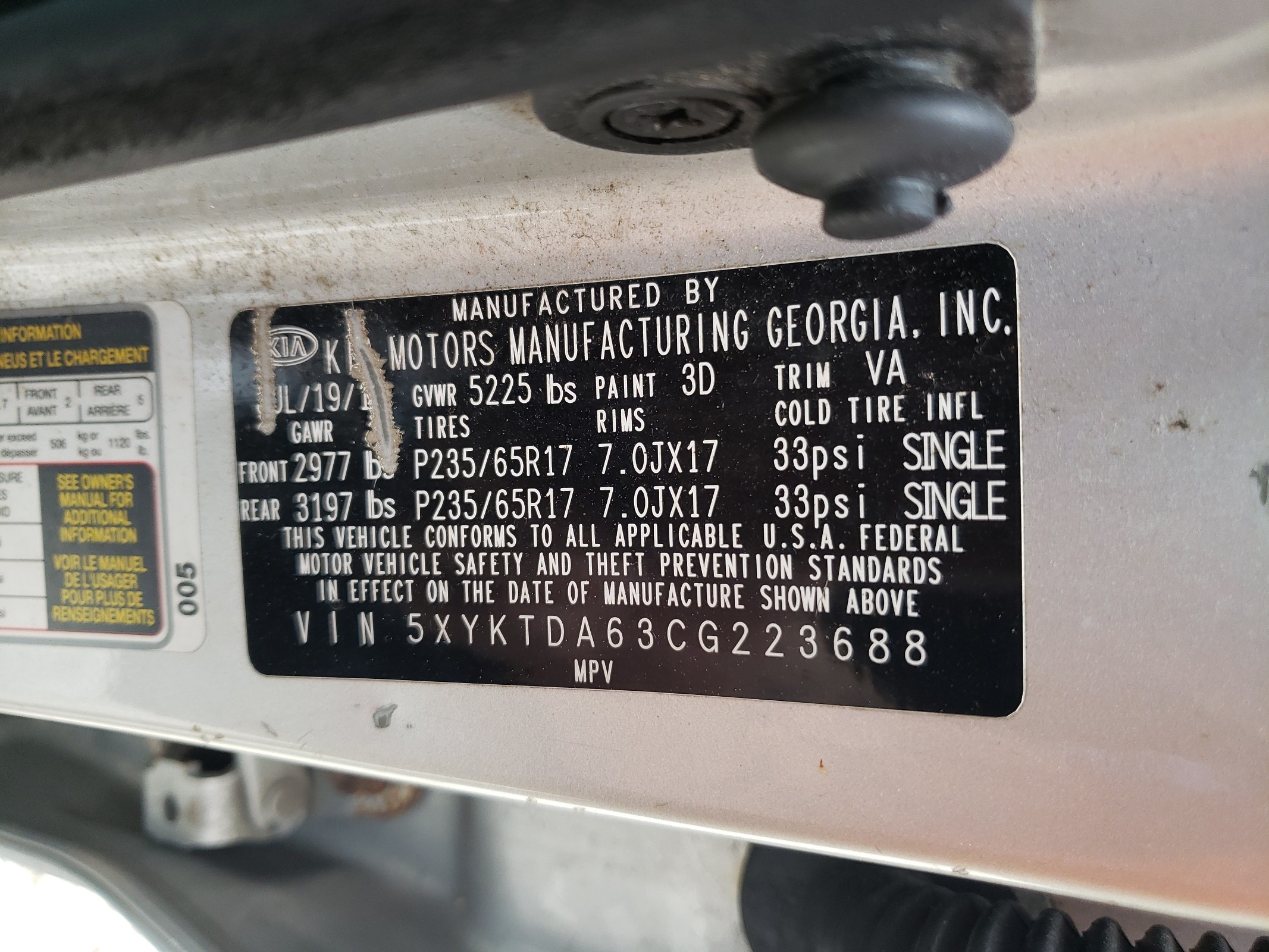 2012 Kia Sorento Base vin: 5XYKTDA63CG223688