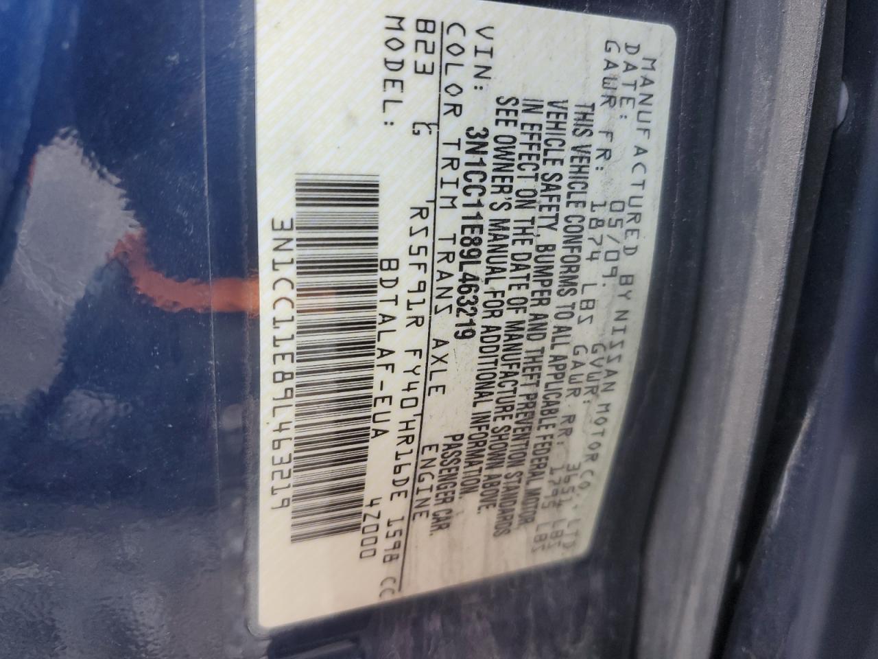 2009 Nissan Versa S VIN: 3N1CC11E89L463219 Lot: 63817654