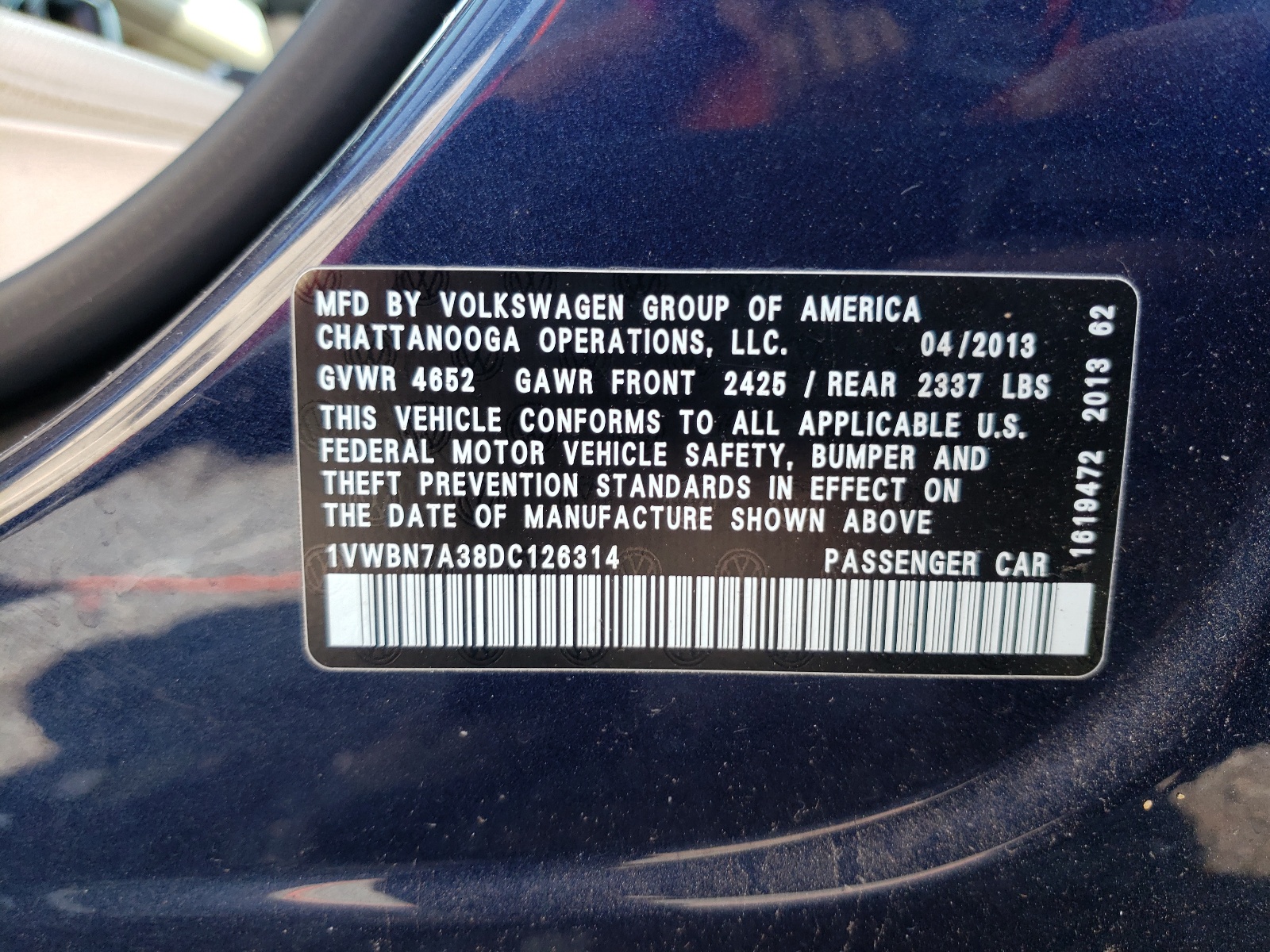 1VWBN7A38DC126314 2013 Volkswagen Passat Se