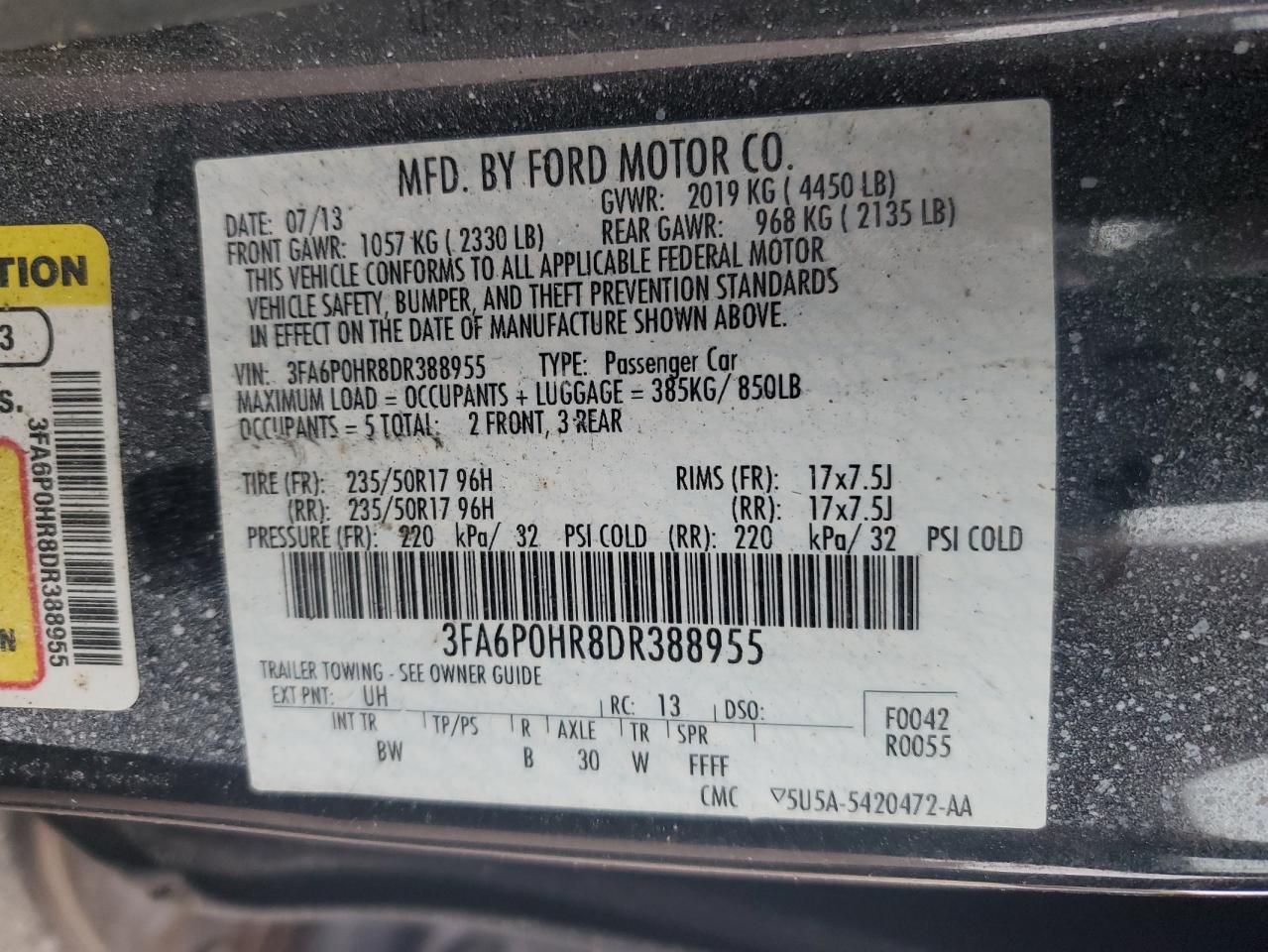 2013 Ford Fusion Se VIN: 3FA6P0HR8DR388955 Lot: 62599614