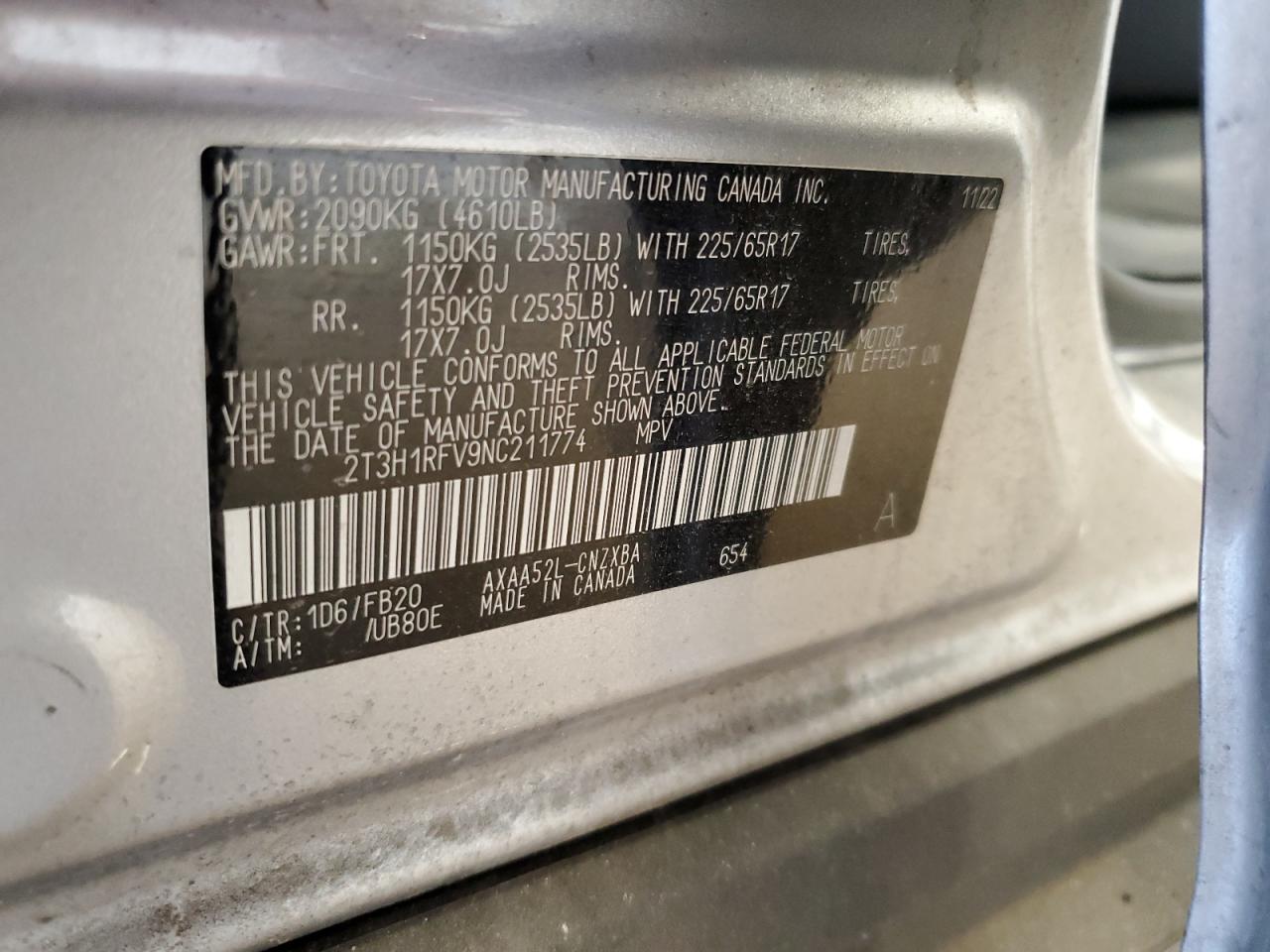 2022 Toyota Rav4 Le VIN: 2T3H1RFV9NC211774 Lot: 63033914