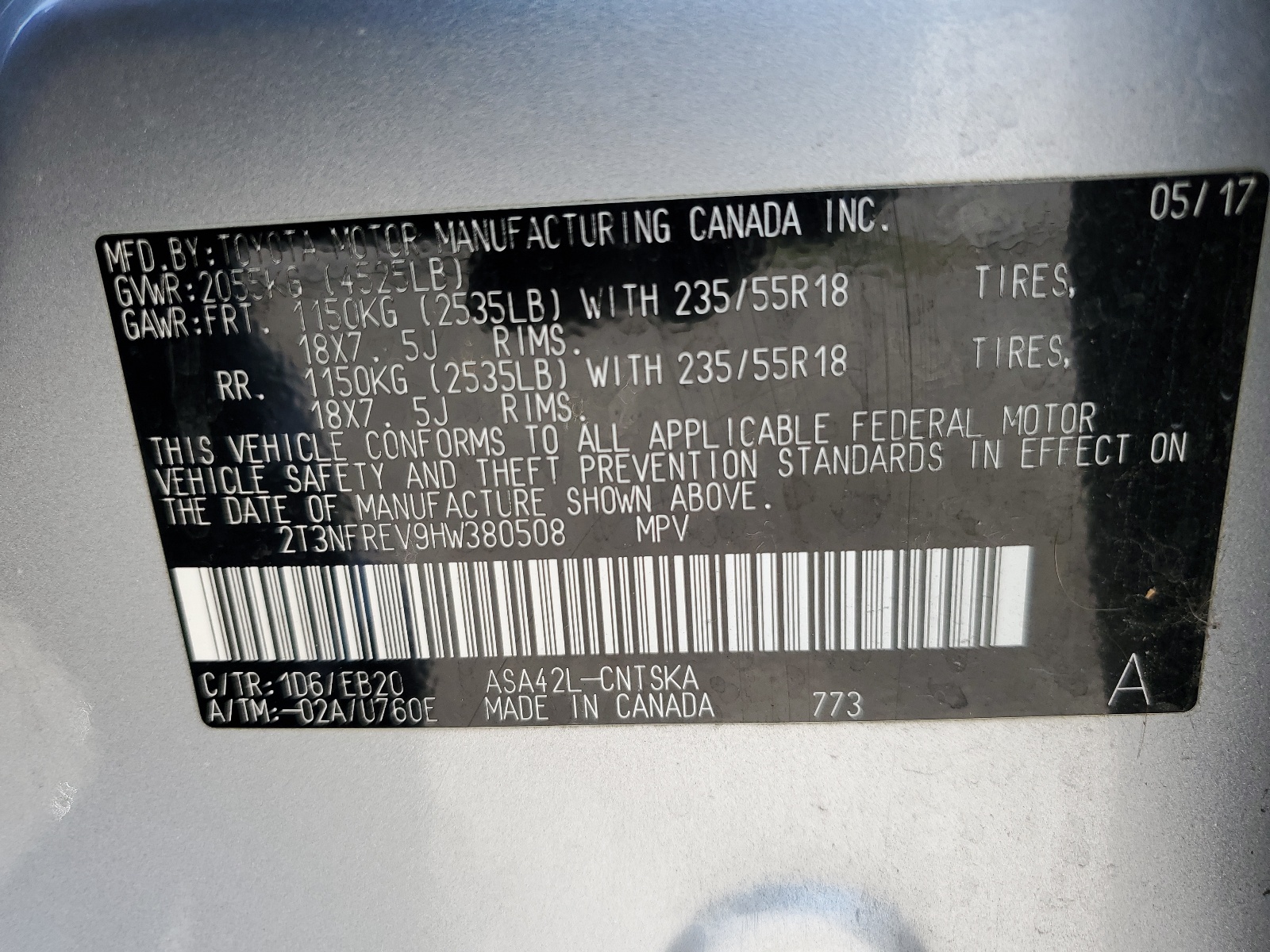 2T3NFREV9HW380508 2017 Toyota Rav4 Se