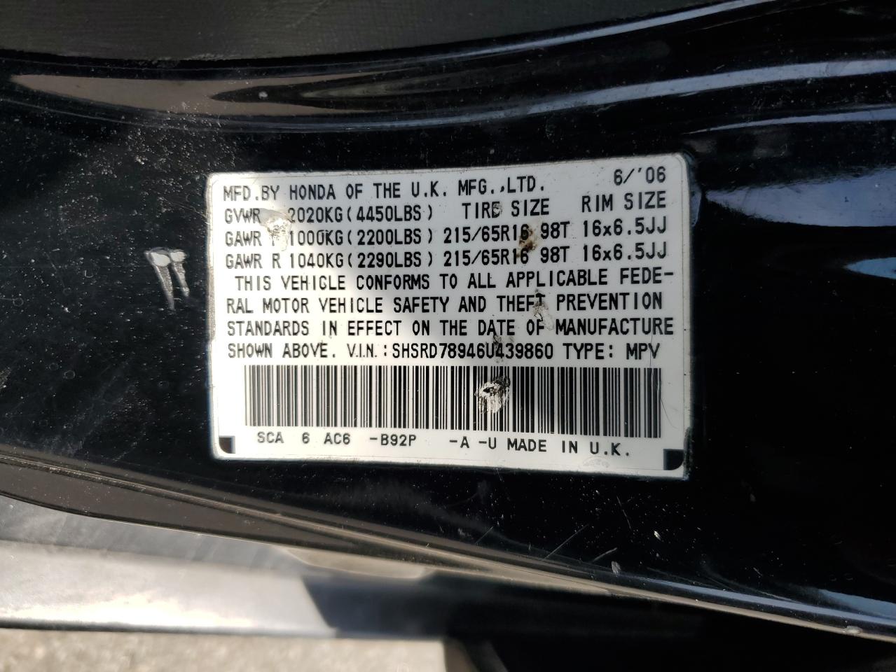 SHSRD78946U439860 2006 Honda Cr-V Se
