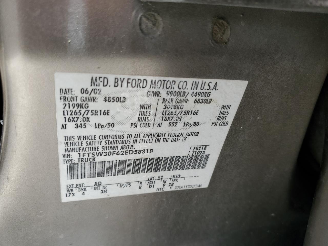 2002 Ford F350 Srw Super Duty VIN: 1FTSW30F62ED58318 Lot: 63881614