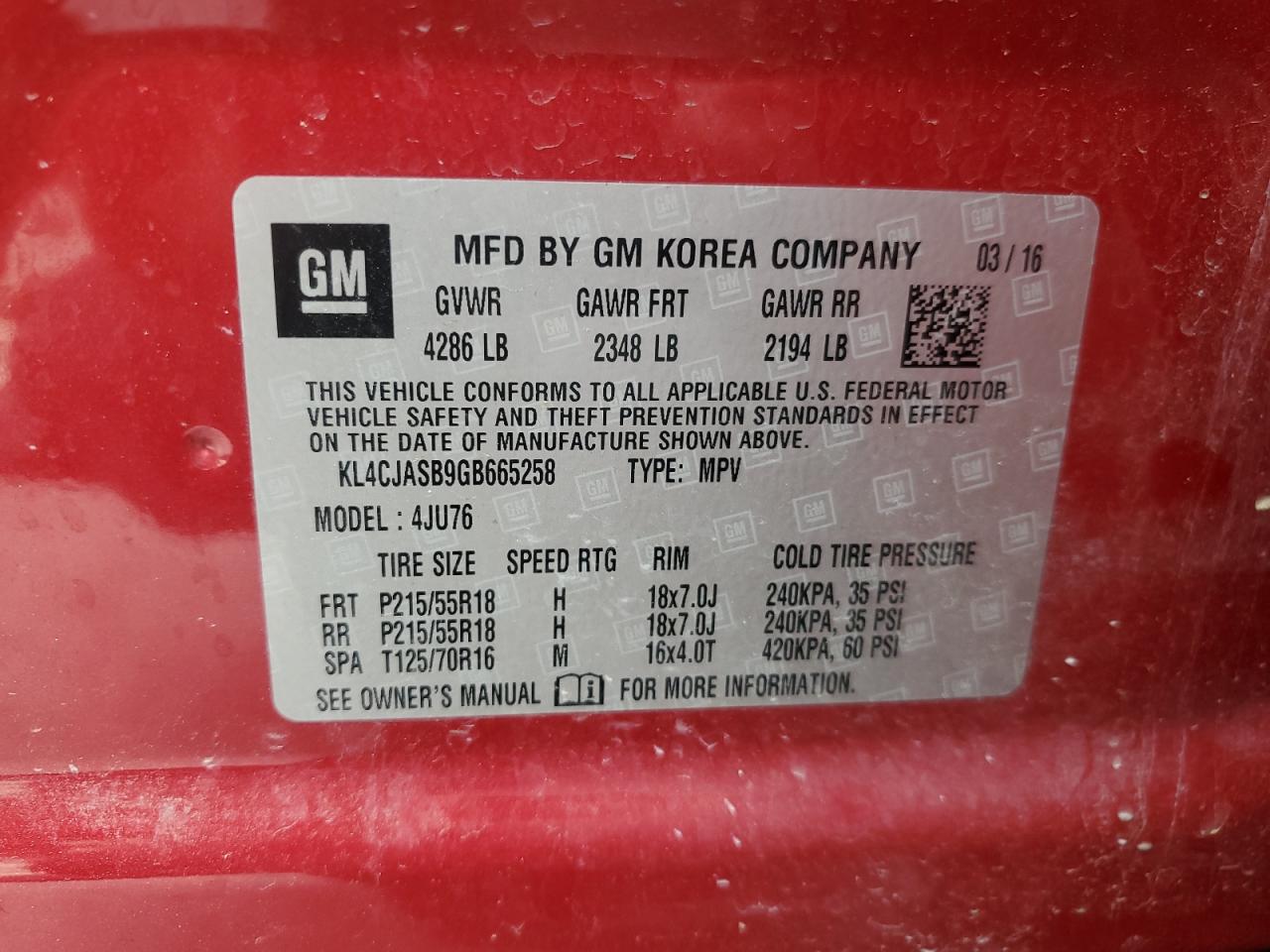 2016 Buick Encore VIN: KL4CJASB9GB665258 Lot: 64397524