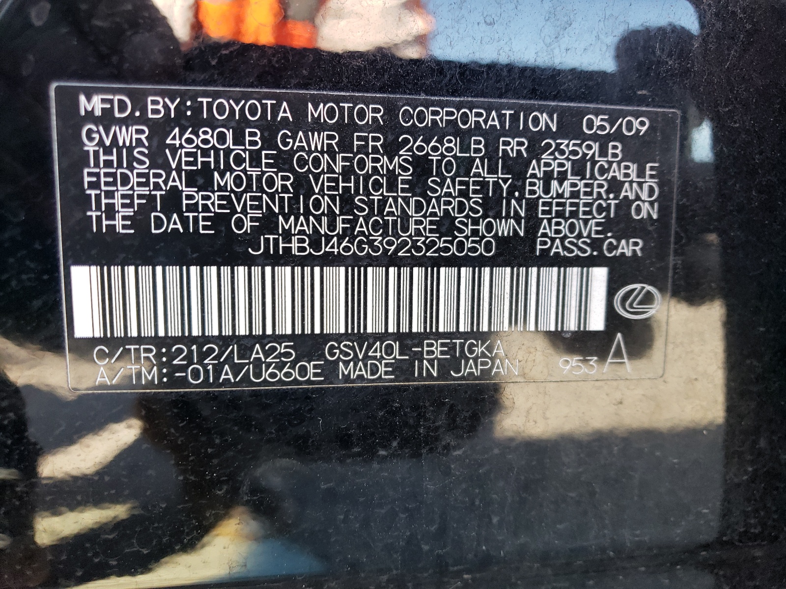 JTHBJ46G392325050 2009 Lexus Es 350