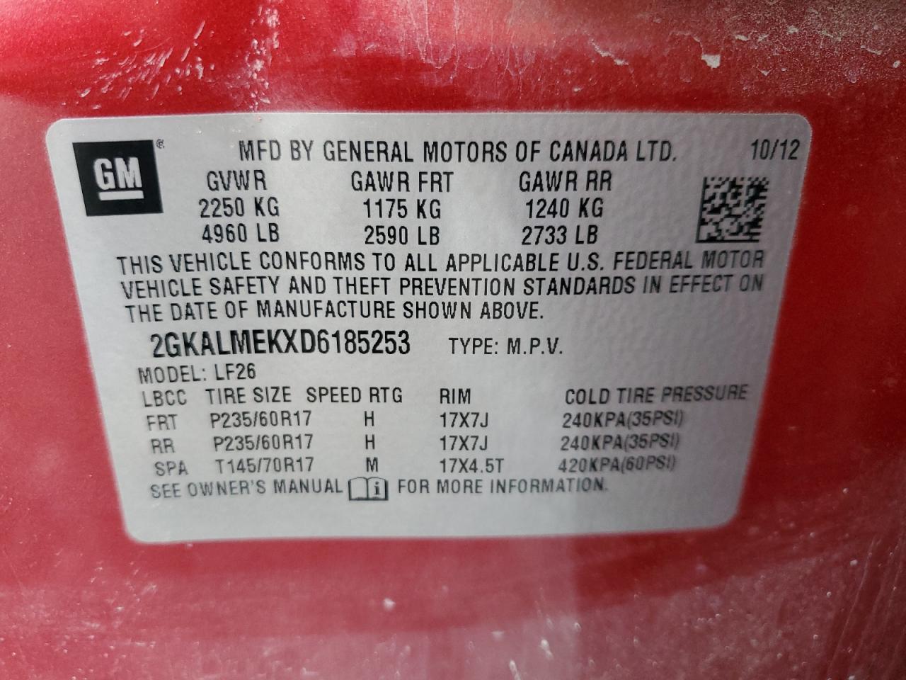 2013 GMC Terrain Sle VIN: 2GKALMEKXD6185253 Lot: 61928324