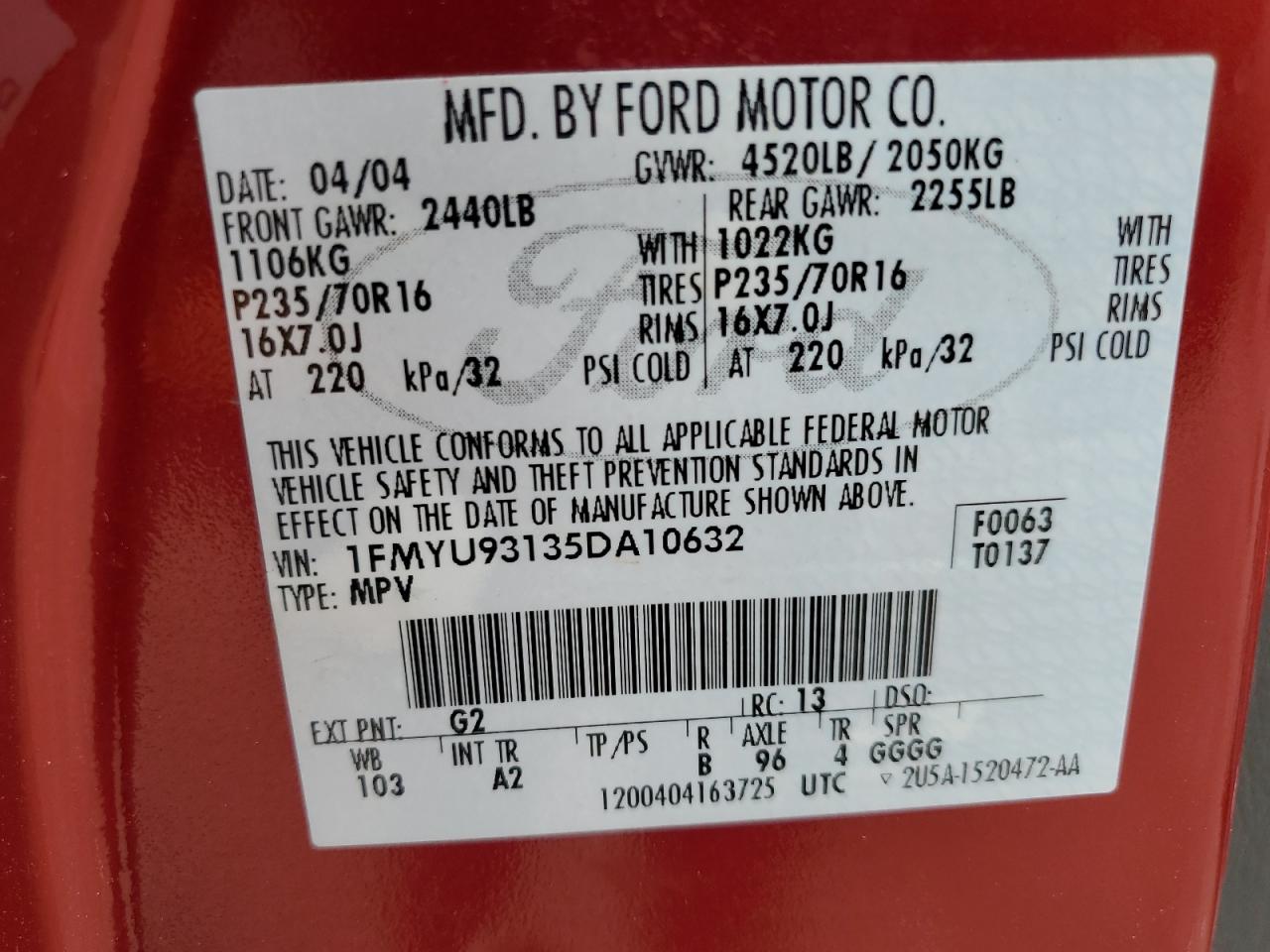 2005 Ford Escape Xlt VIN: 1FMYU93135DA10632 Lot: 64614654