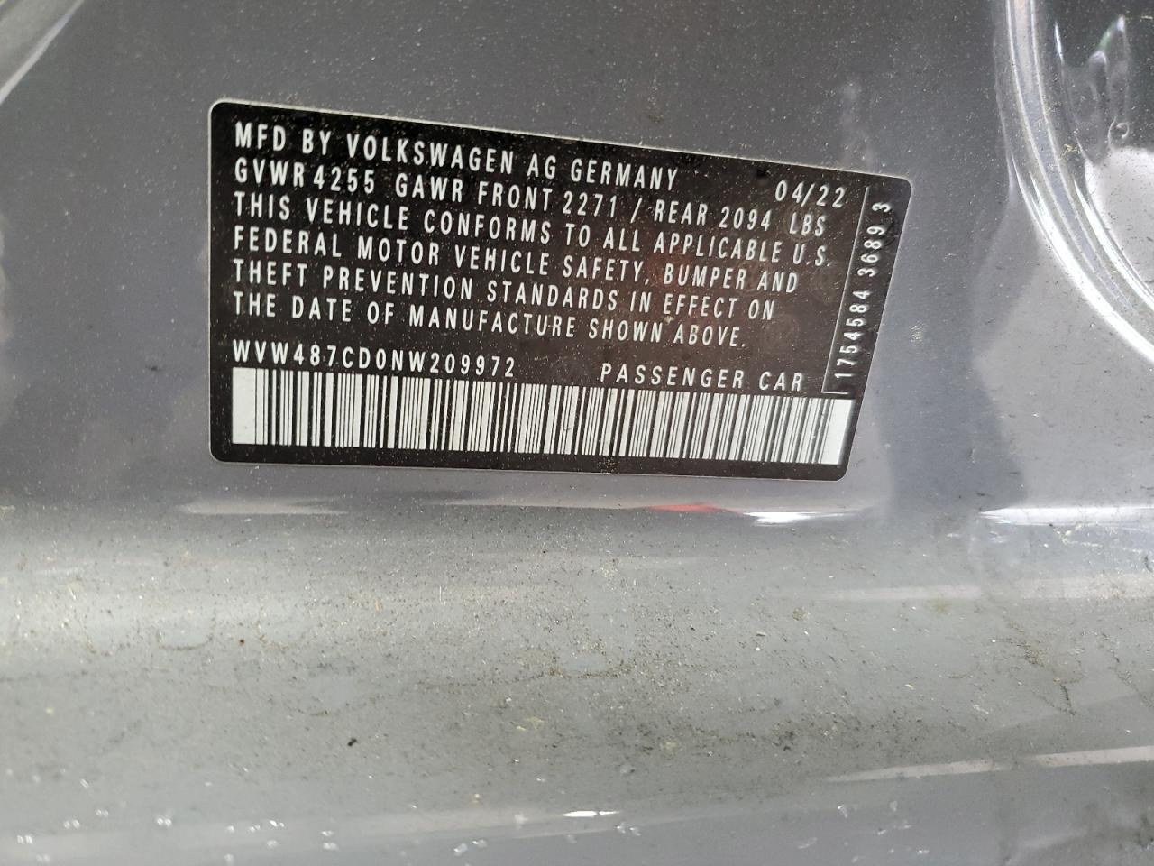 2022 Volkswagen Gti Se VIN: WVW487CD0NW209972 Lot: 60113844