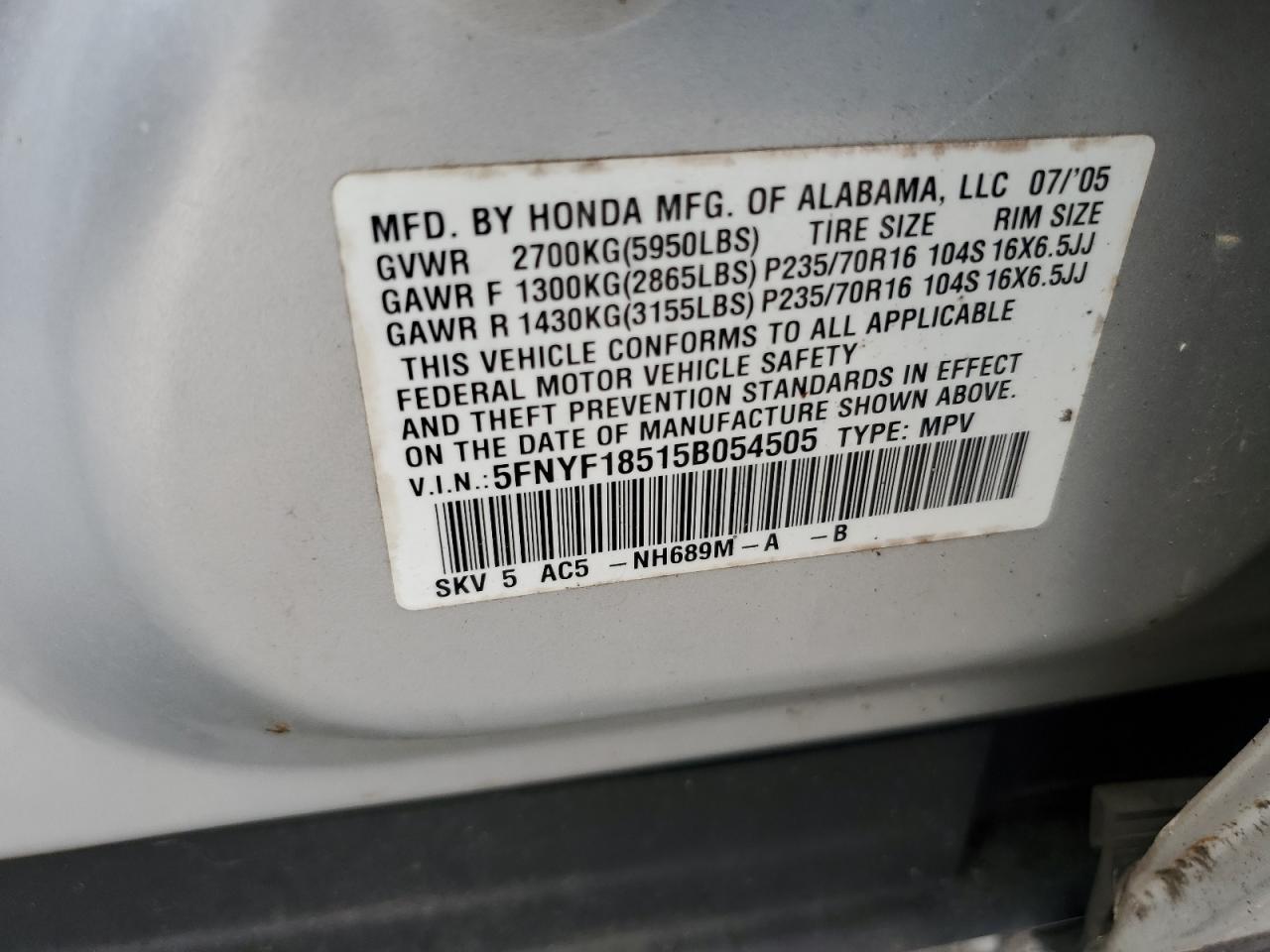 5FNYF18515B054505 2005 Honda Pilot Exl