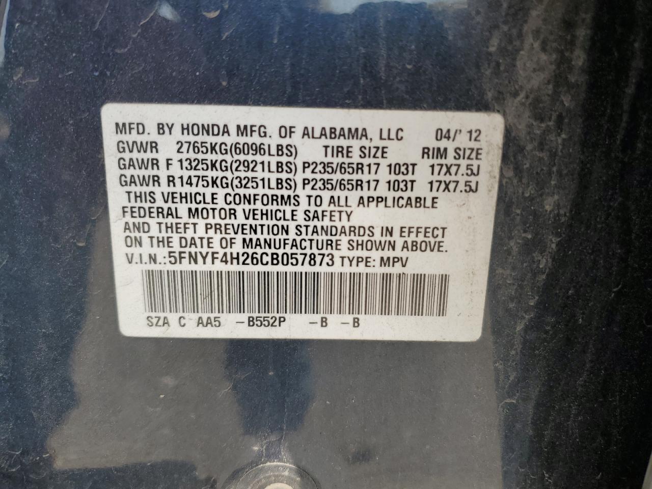 2012 Honda Pilot Lx VIN: 5FNYF4H26CB057873 Lot: 63045604