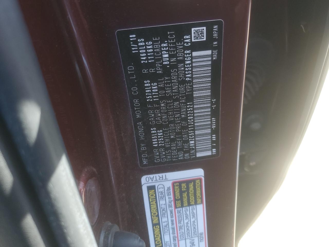 2018 Honda Clarity VIN: JHMZC5F11JC022521 Lot: 62568624